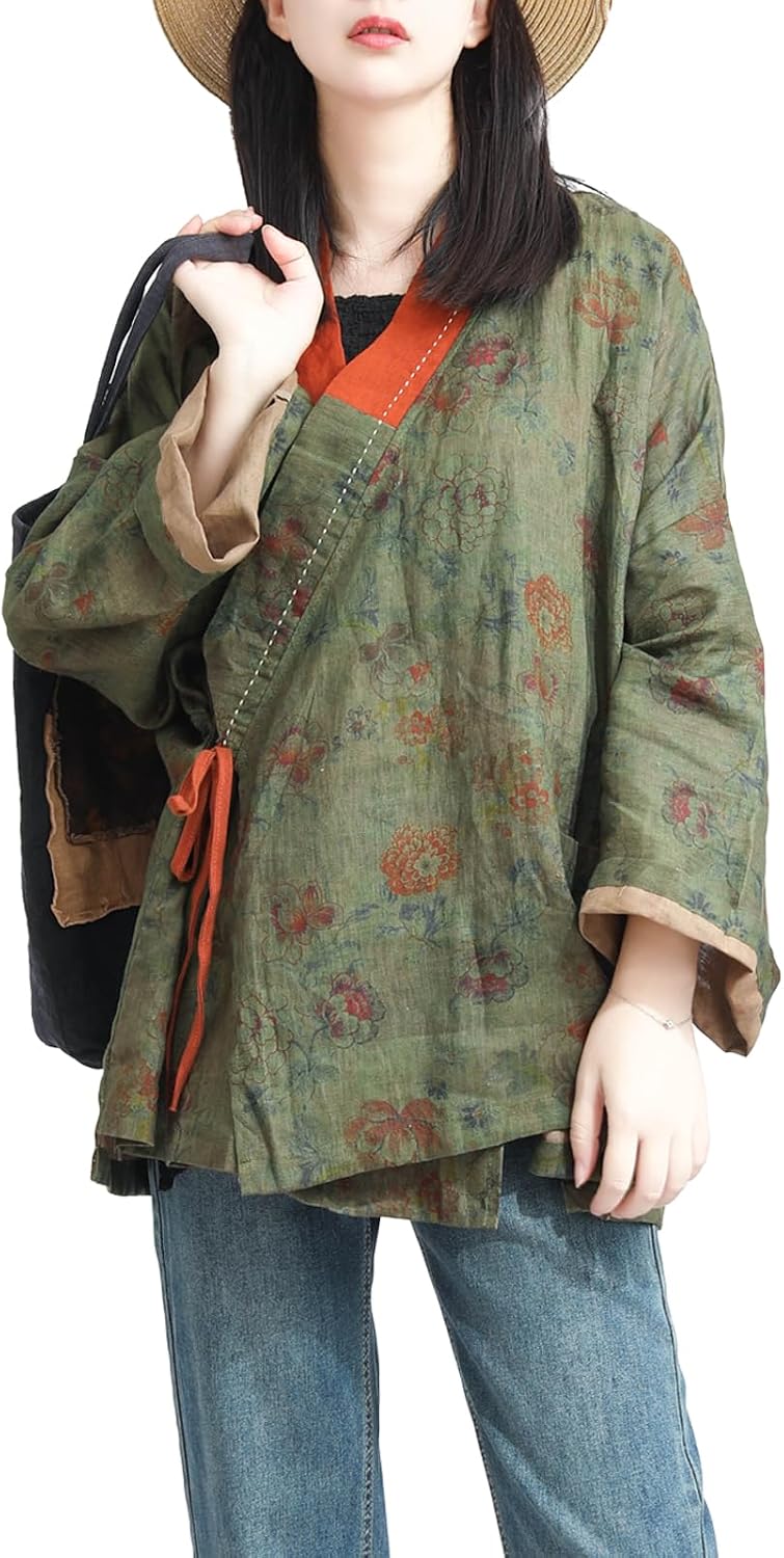 LZJN Women's Hanten Cardigan Kimono Linen Retro Lace Up Hanfu Irregular Shirt Tops Floral Print