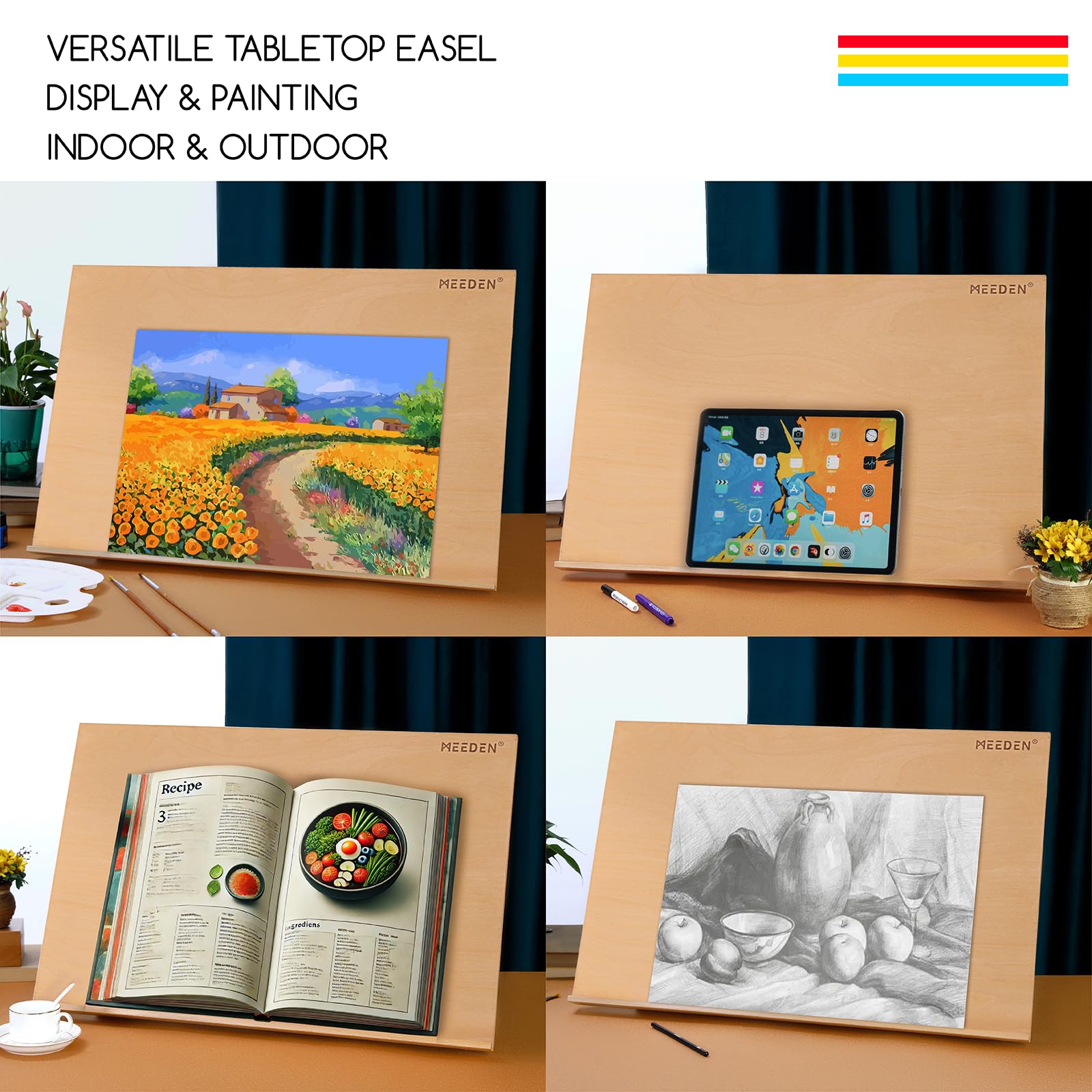 MEEDEN Caballete de escritorio extra grande: 50,8 cm x 76,2 cm Soporte de tablero de dibujo de madera de haya portátil - Caballete de dibujo y boceto ajustable en 5 posiciones