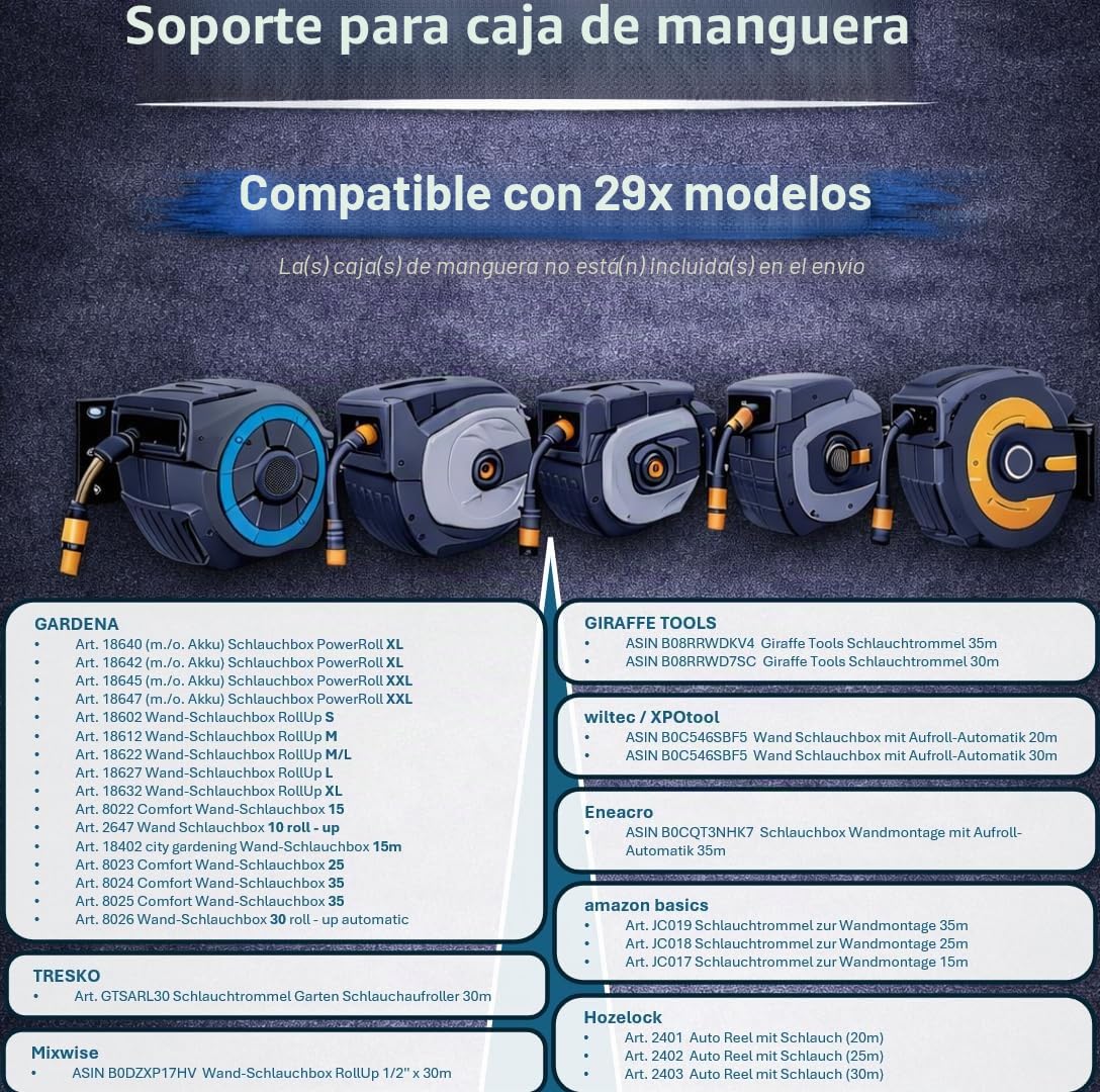 Soporte para caja de manguera y carrete de manguera, independiente y estable, compatible con Gardena, Amazon Basic y más, no requiere montaje en pared