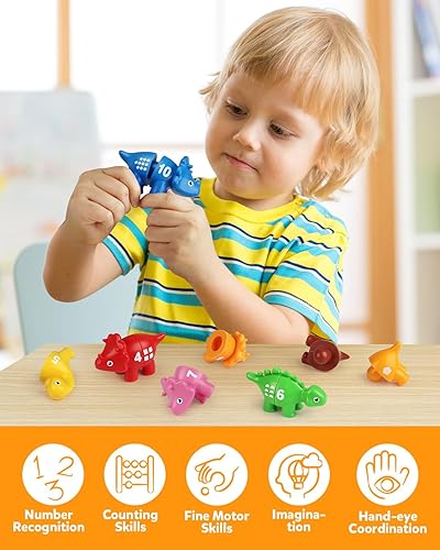 Miniatura 5 de Coogam Juego de números a juego, 10 unidades, 123 juguetes de dinosaurio contando, educativos, preescolar, Montessori, habilidades motoras finas,