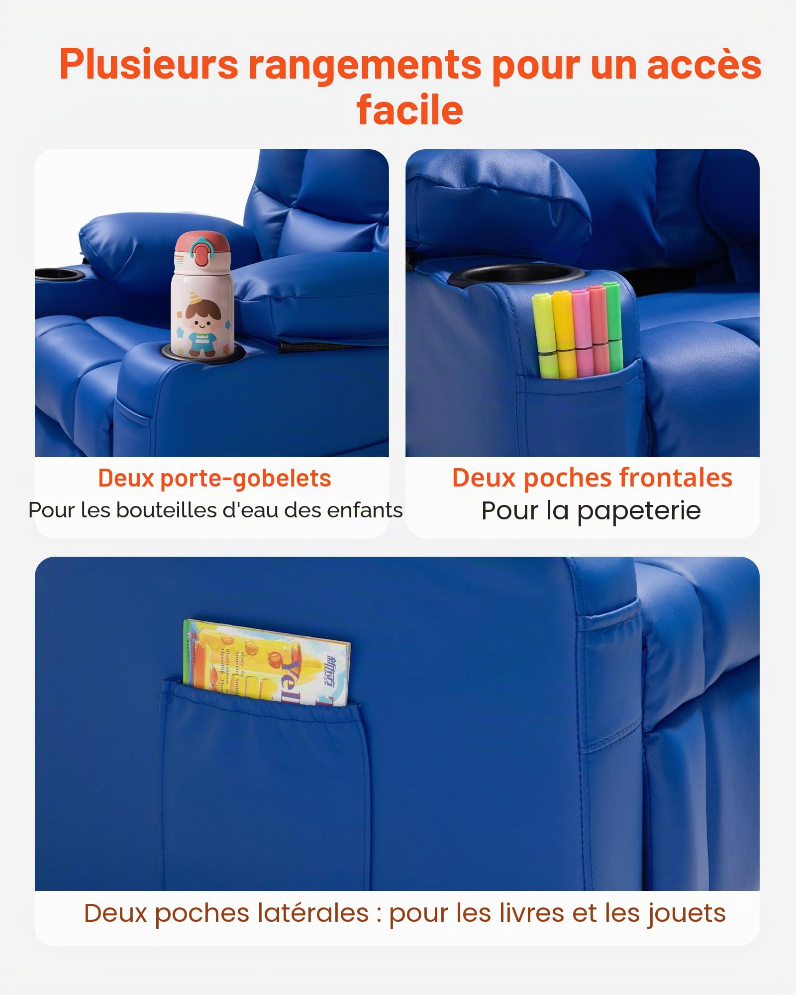 VEVOR Fauteuil inclinable pour enfants, chaise relax ergonomique avec 2 porte-gobelets, 4 poches et repose-pieds, dossier réglable 107°-126°, en cuir PU facile à nettoyer, pour chambre d’enfants, bleu