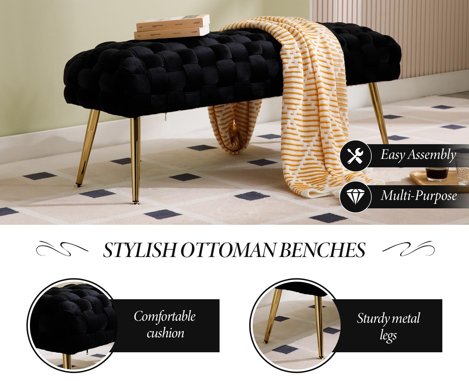 Wahson Banco Asiento de Cama de Terciopelo Banco Entrada de Recibidor con Patas Doradas,Banco Otomano Pie de Cama Moderno Banco Vestidor Elegante para Dormitorio/Salón,Negro
