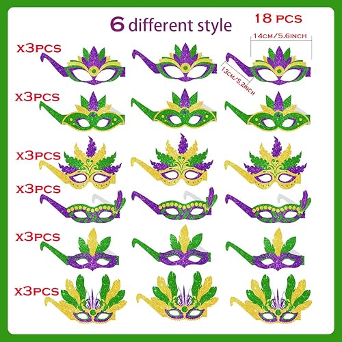 Miniatura 5 de YaYuanSun 18 piezas de decoraciones de fiesta de Mardi Gras, máscara de Mardi Gras, gafas de cabina de fotos, accesorios para Mardi Gras,