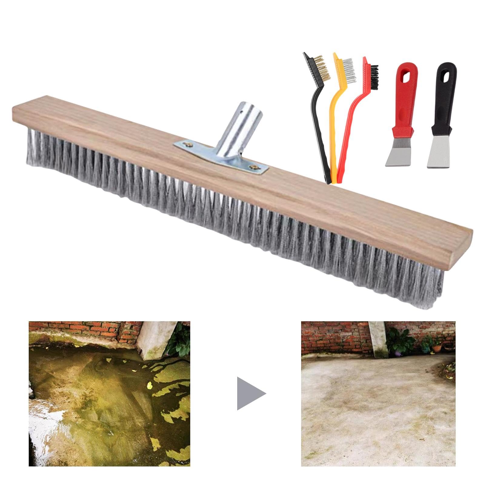 Cabezal de escoba de alambre de acero resistente, cepillo de cerdas rígidas para terraza, patio, pavimento, calzadas, cepillo duradero para limpieza eficiente al aire libre