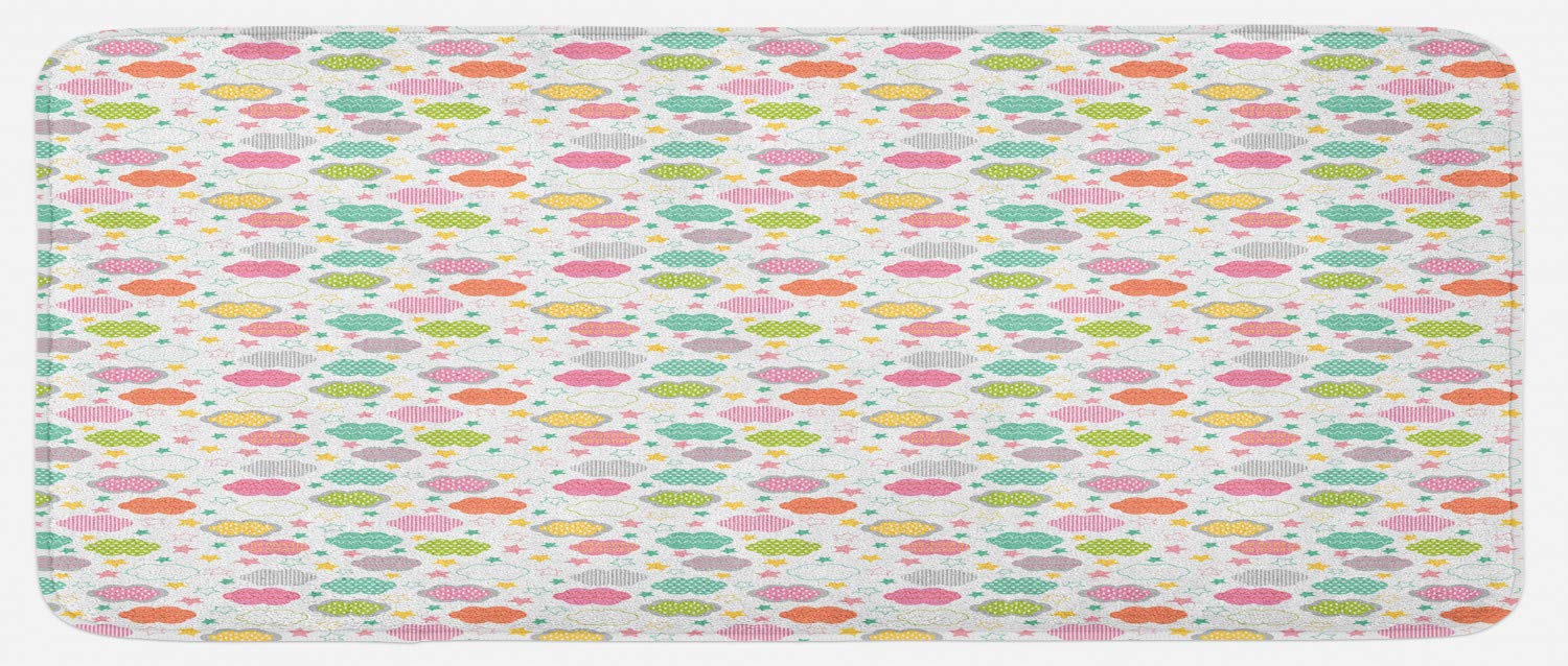 AmbesonneClouds Kitchen Mat, Sky Elements in Pastel Colors Doodle Style Dotted Striped Shapes Stars Design, Plush Decorative Kitchen Mat with Non Slip Backing, 47" X 19", Multicolor