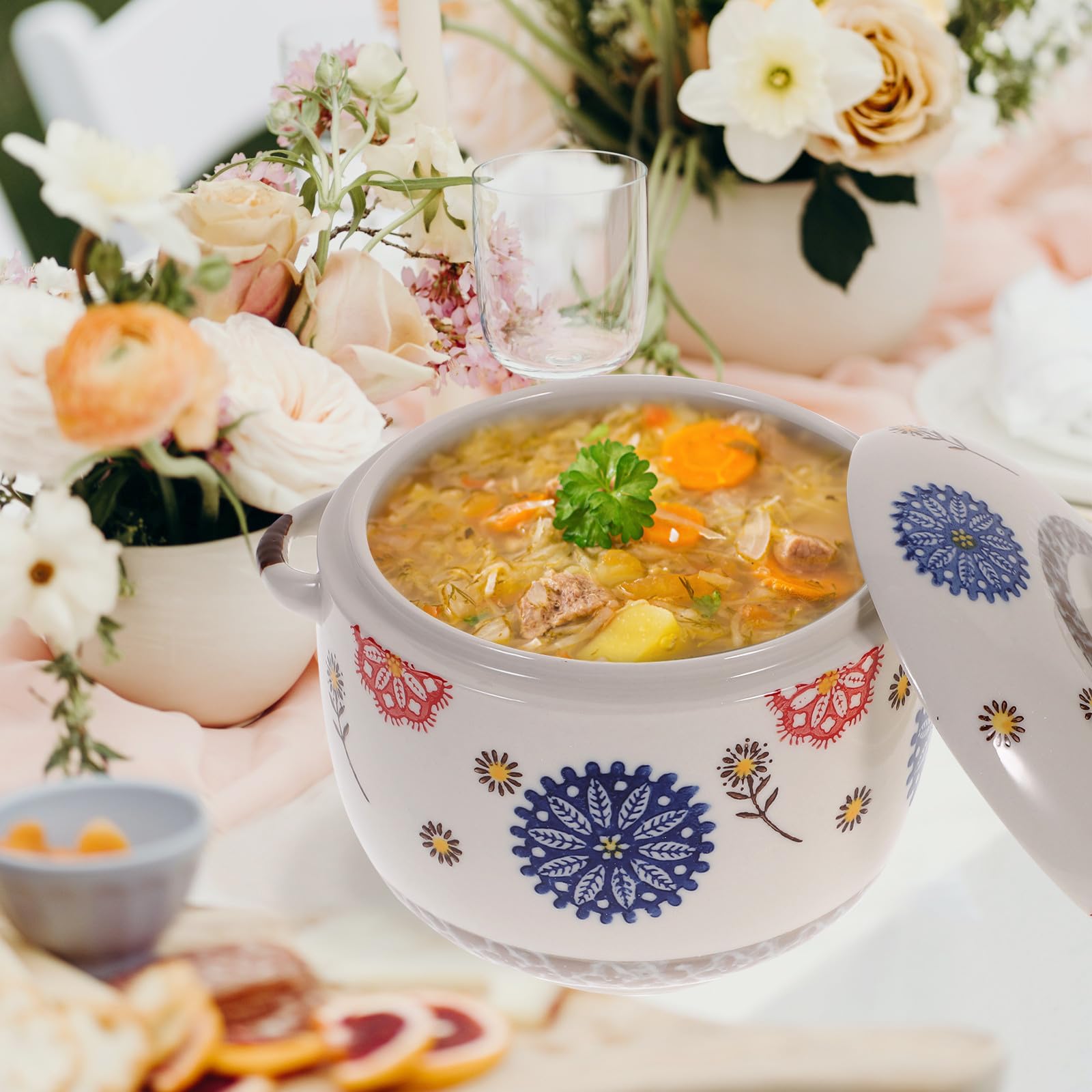 Zuppiera con Coperchio, senza Sbavature in Terracotta Design Giapponese da 1000ml e Tecnologia di Stampaggio Integrato e Decorazione Festiva per Cucina