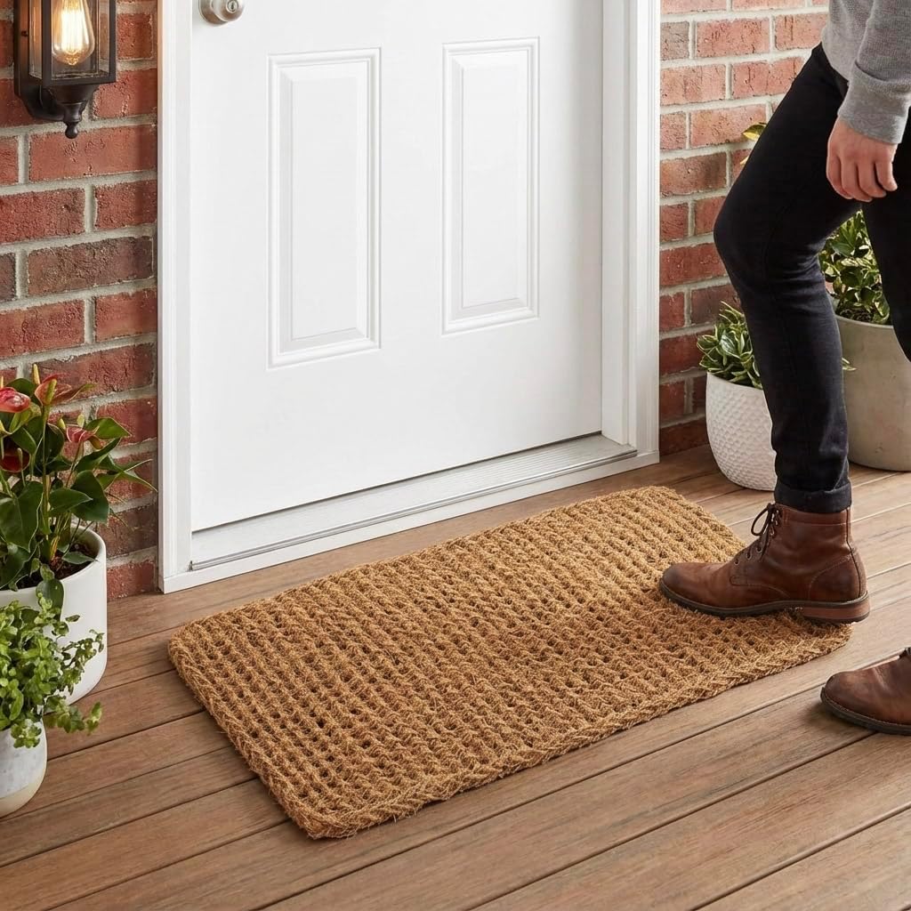 kempf dragon weave coco coir doormat, 22" x 36", hand-twisted interwoven fibers, breathable woven backed scraper mat for indoor outdoor entryways 1'10" x 3' (rectangular)