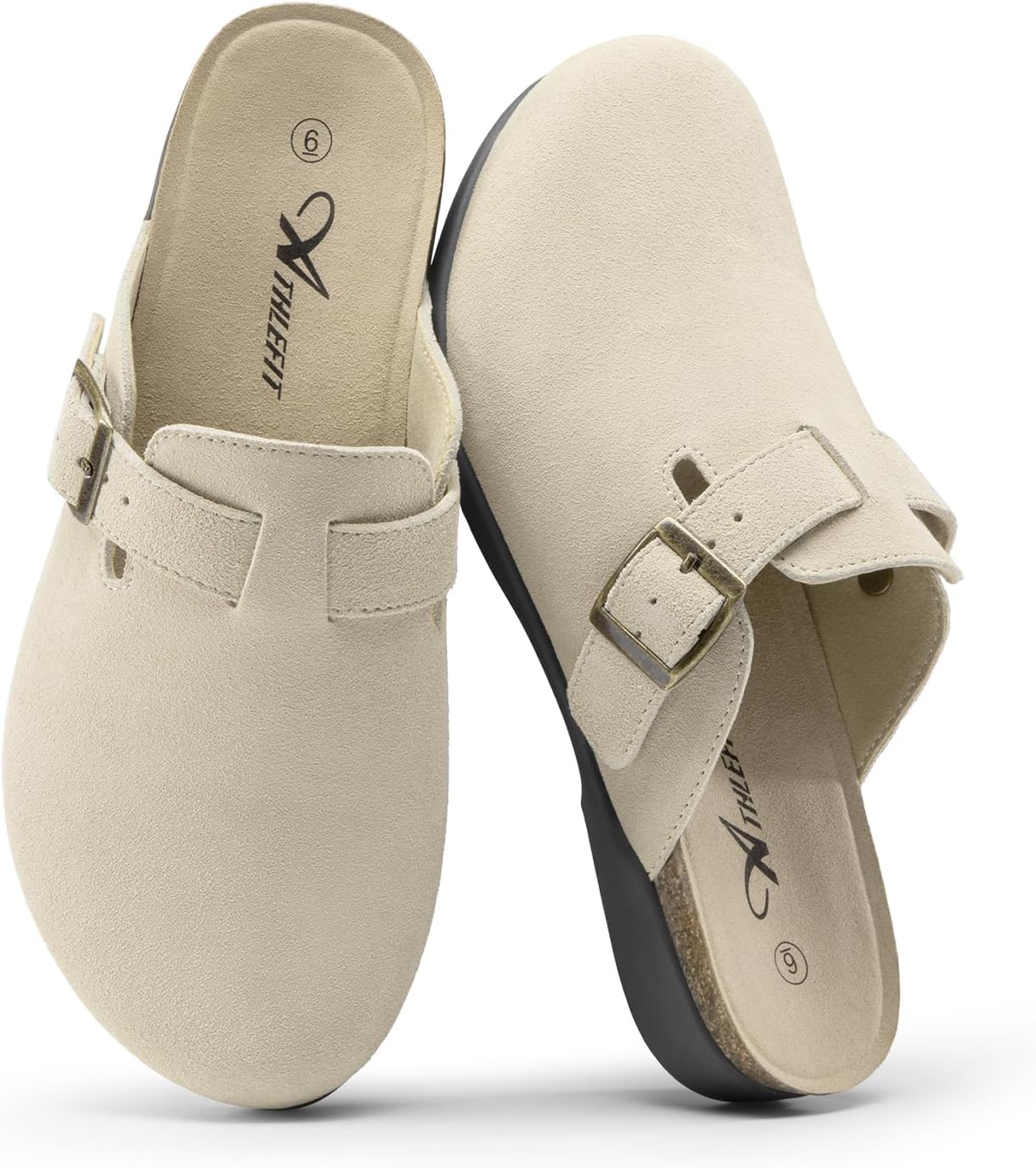Athlefit Genuine Leather Clogs for Women Soft Cork Footbed Adjustable Buckle Mules Slip On Potato Shoes with Arch Support