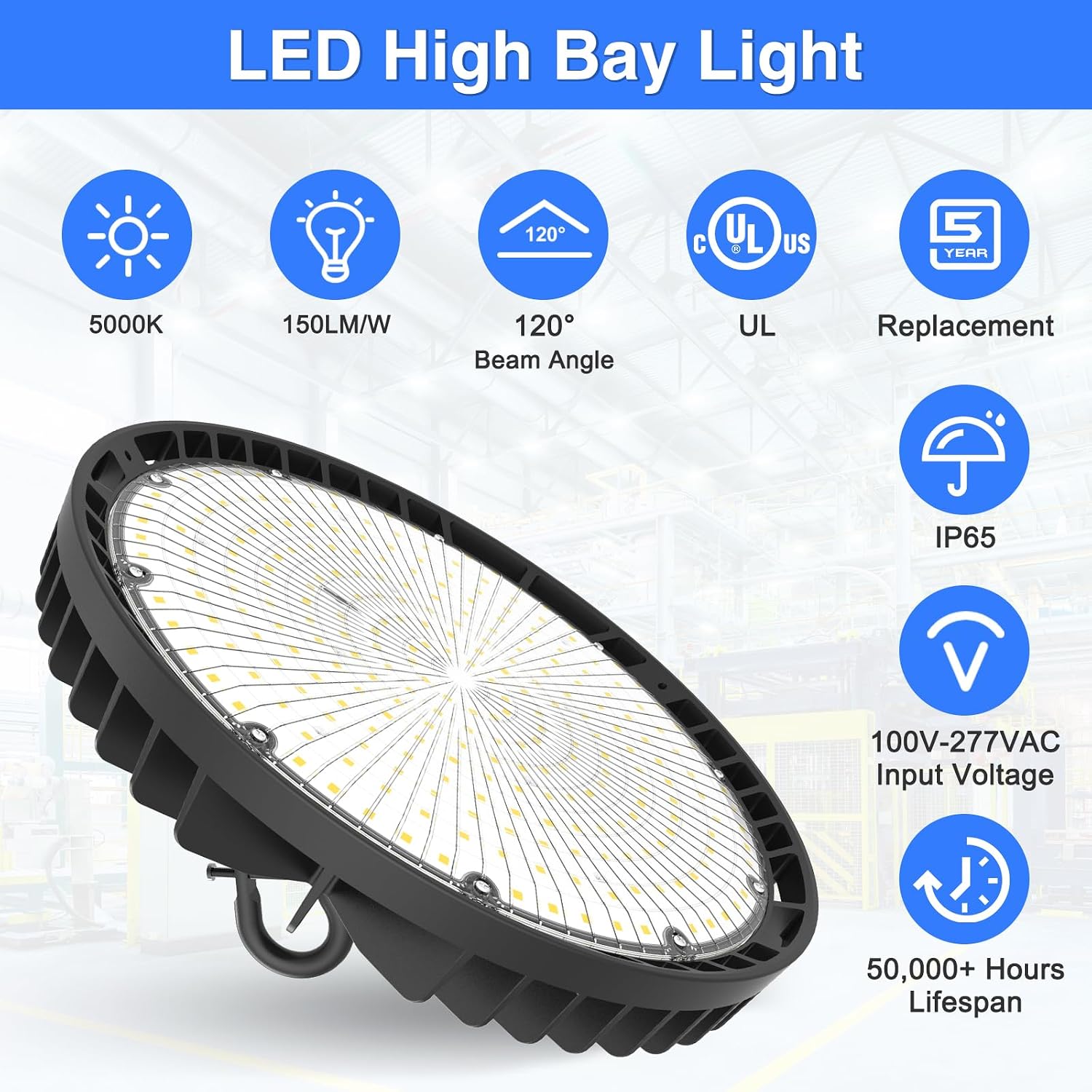 150W UFO LED High Bay Light, UL DLC Listed, IP65 Waterproof, 22500LM, 5000K, 0-10V Dimmable, Commercial Grade, 5 Year Warranty