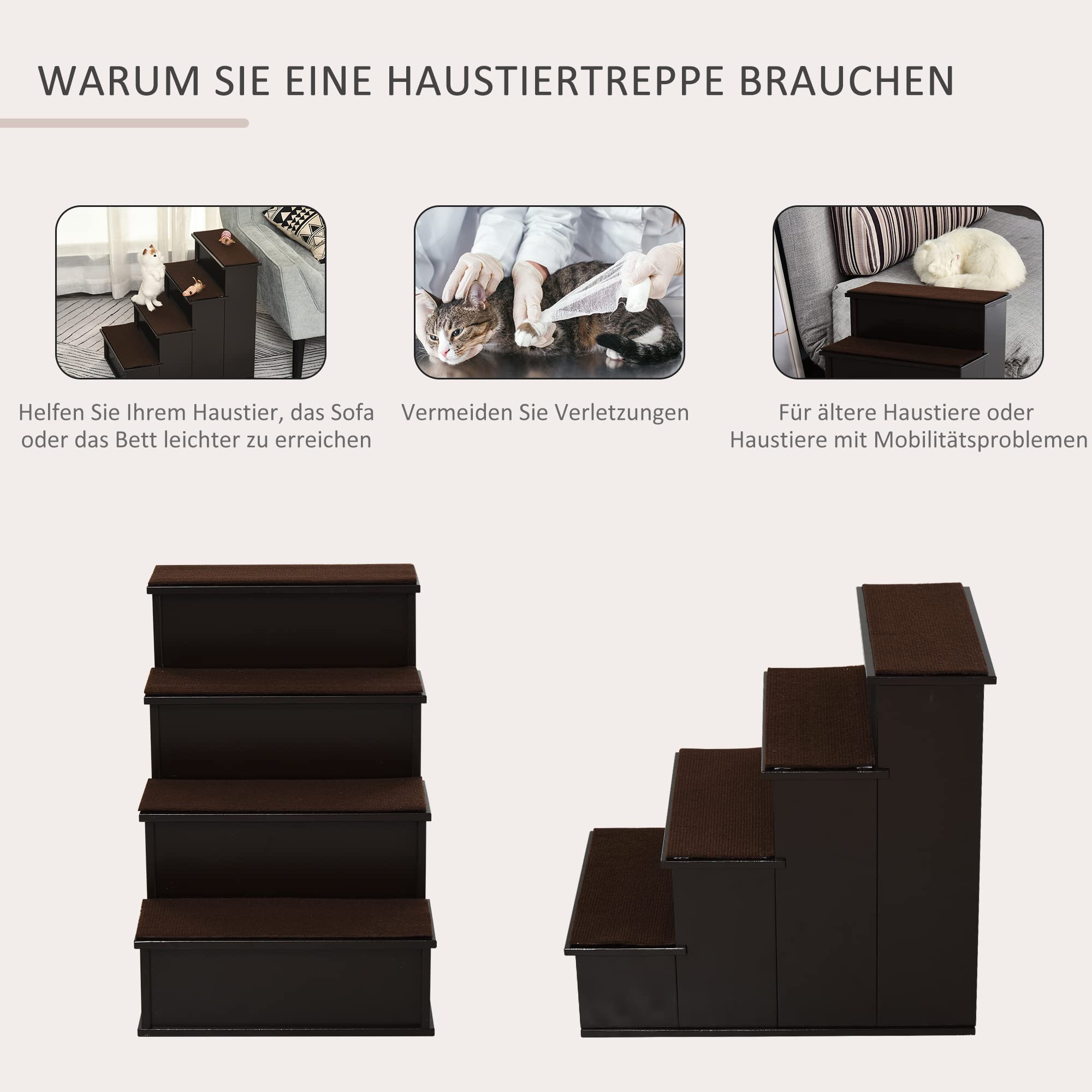 PawHut Haustiertreppe 4-stufige Hundetreppe Katzentreppe Einstiegshilfe mit Rutschfester Matte Haustierleiter für Auto Bett Sofa Dunkelbraun 40 x 59 x 54,2 cm