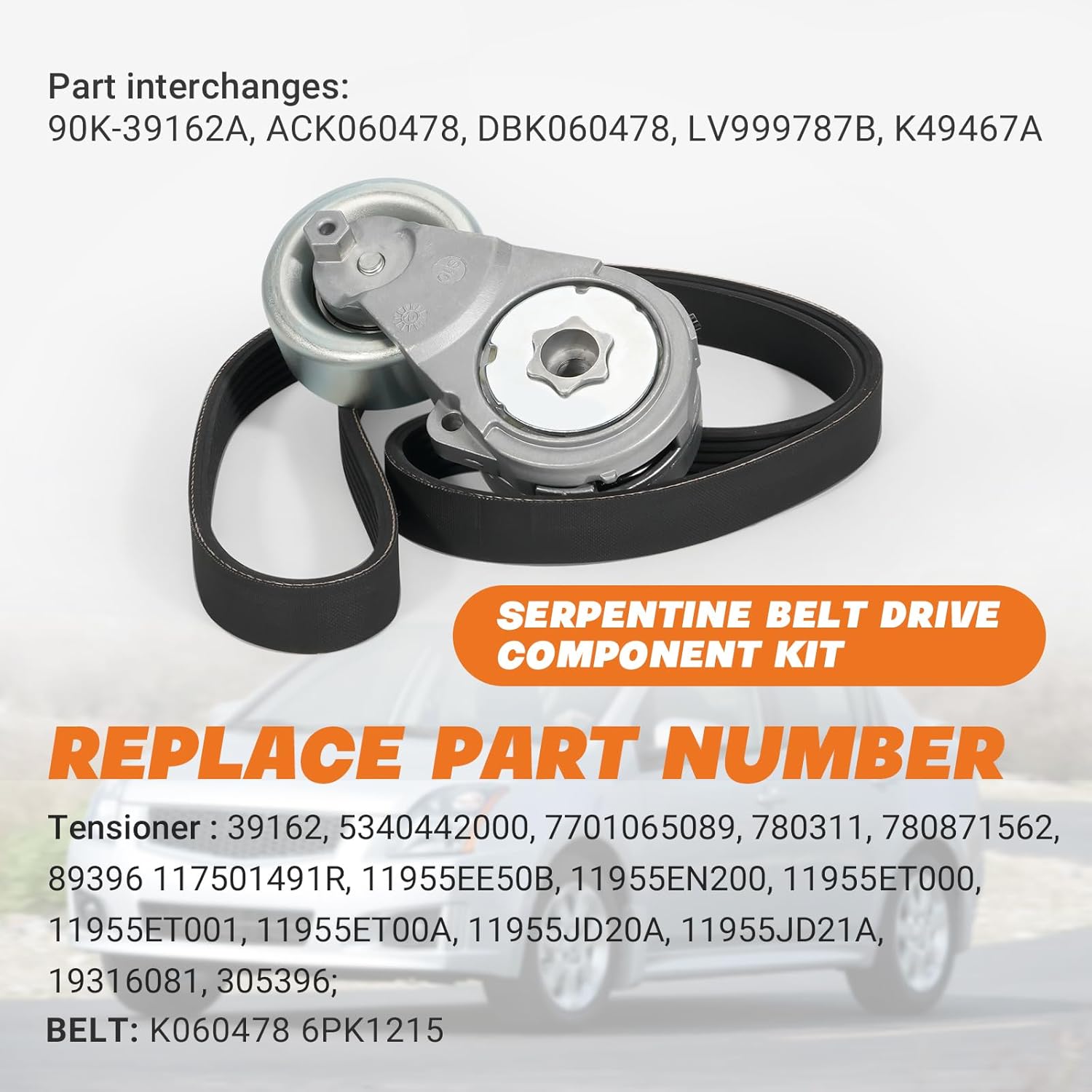 90K-39162A Serpentine Belt Drive Tensioner Component Kit Fit for Nissan Sentra 2.0L L4 DOHC, 2007-2012 Replace# Belt Tensioner 39162 11955JD20A 305396 89396, Serpentine Belt K060478 6PK1215