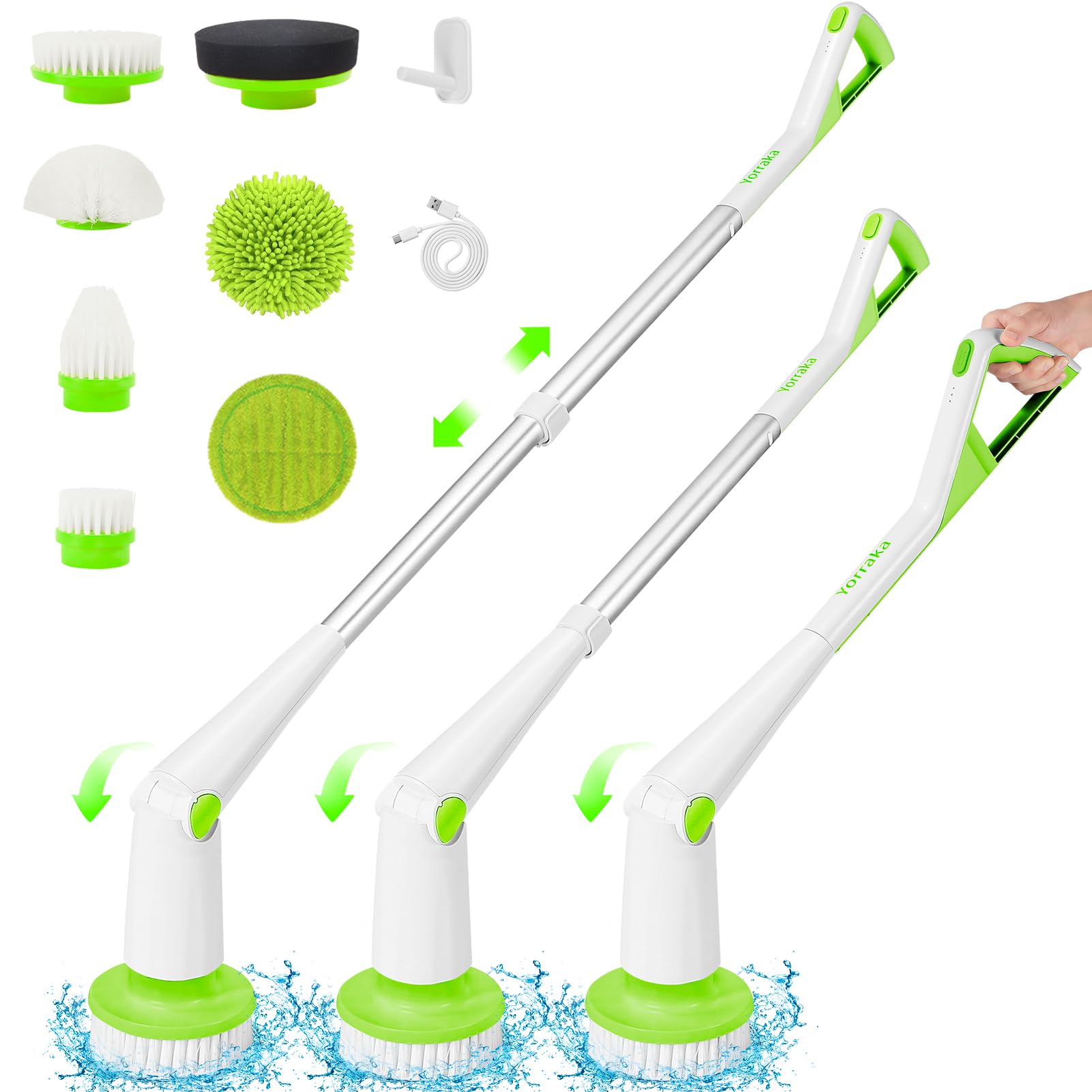Yorraka Electric Spin Scrubber Cordless, Power Scrubber for Cleaning Bathroom with Extension Long Handle, Electric Shower Scrubber, Adjustable Cleaning Brush with 7 Brush Heads for Tub Tile Floor Car