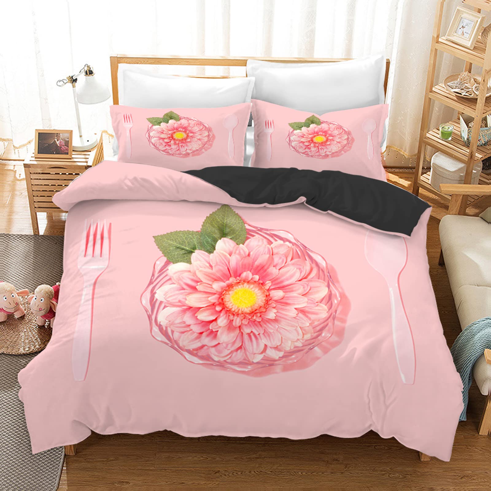 Housse de couette fleur rose en microfibre 140x200 cm avec ses deux taies