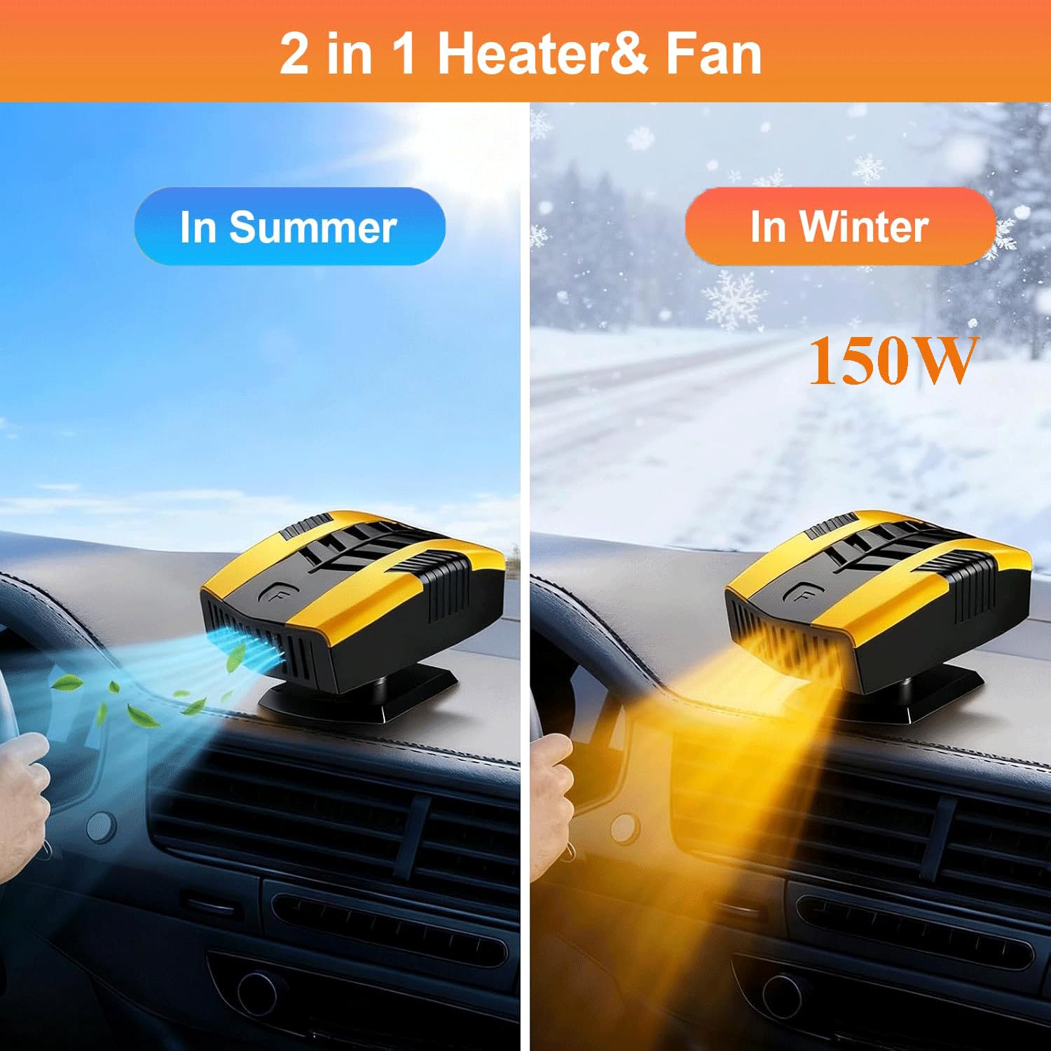 Chauffage de Voiture 12V 150W, Chauffage et Refroidissement Rapides pour Désembuage et Dégivrage de Pare-Brise de Voiture, Chauffage Voiture avec Rotation à 360° pour Voitures
