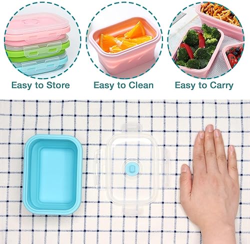 Miniatura 5 de Alimat PluS Contenedores de almacenamiento de alimentos plegables de silicona de 11.8 onzas con tapas, juego de 3 recipientes plegables de