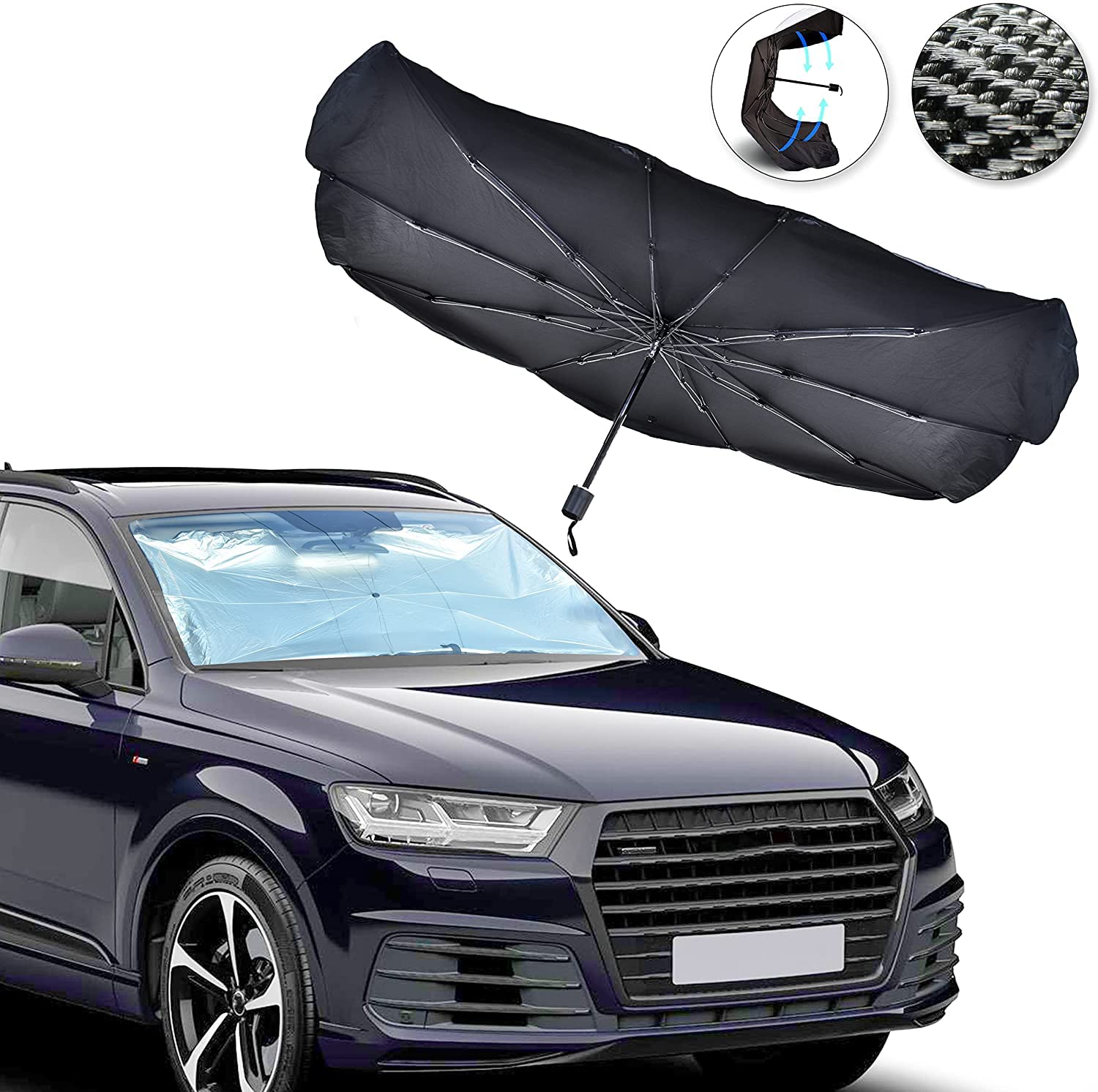 ROGBLIN Carbon Umbrella Sunshade for Car | Reflects UV Rays and Protects Dashboard from Sun | Heat Insulation Protection for Car Windshield | Foldable Automotive Windshield Sunshade (57x31 Inches)