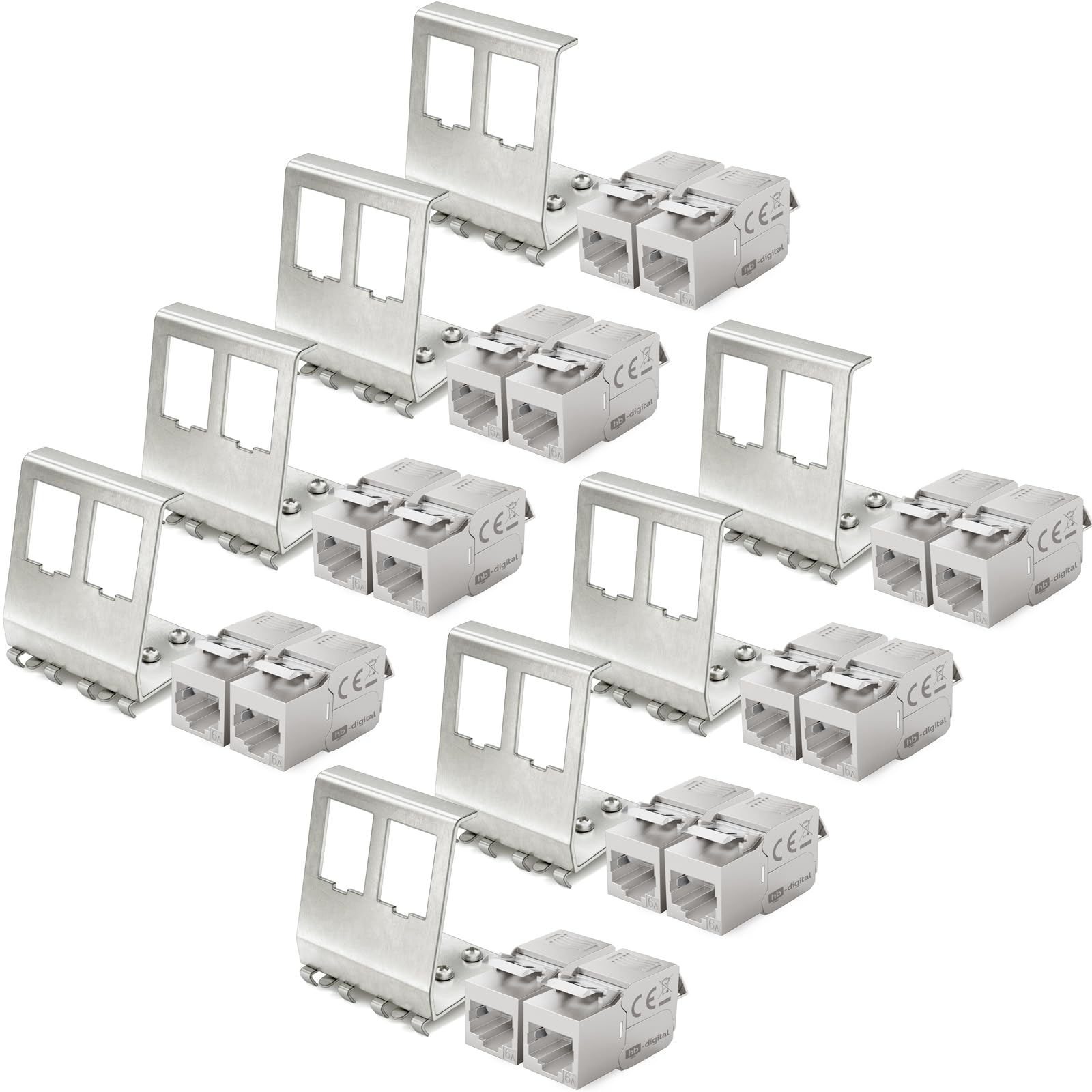 hb-digital Juego de 16 módulos Keystone CAT.6a RJ45 + 8 adaptadores de riel de metal Keystone para riel de sombrero, 35 mm, estándar | RJ45 Jack apantallado de acero inoxidable LSA, montaje Ethernet