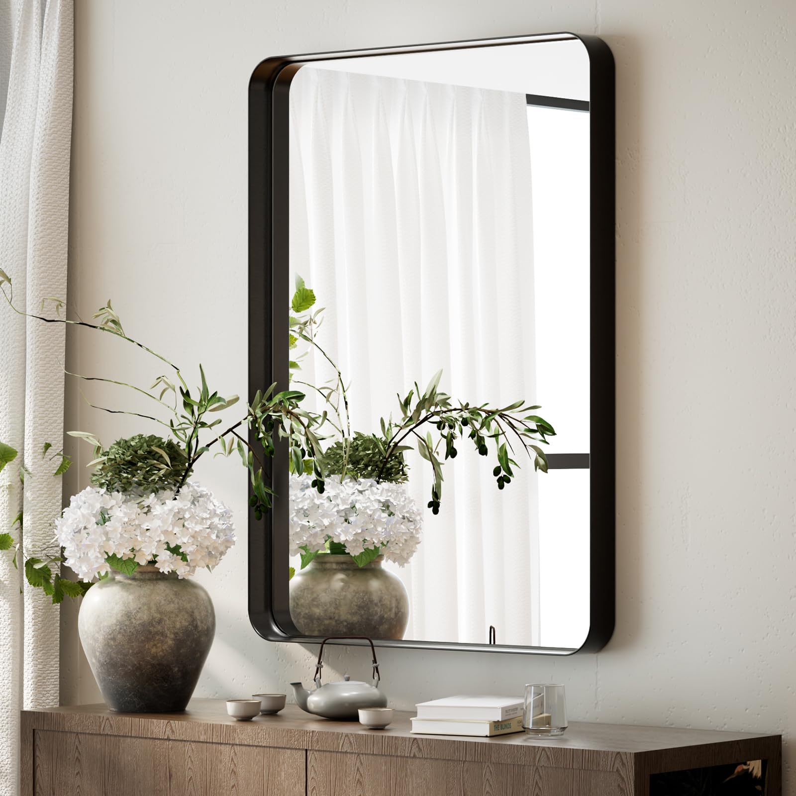 BEAUTYPEAK 24" x 36" Wall Mounted Vanity Mirror, Deep Frame, Nano-strengthened Glass, ShatterVue Technology, Black