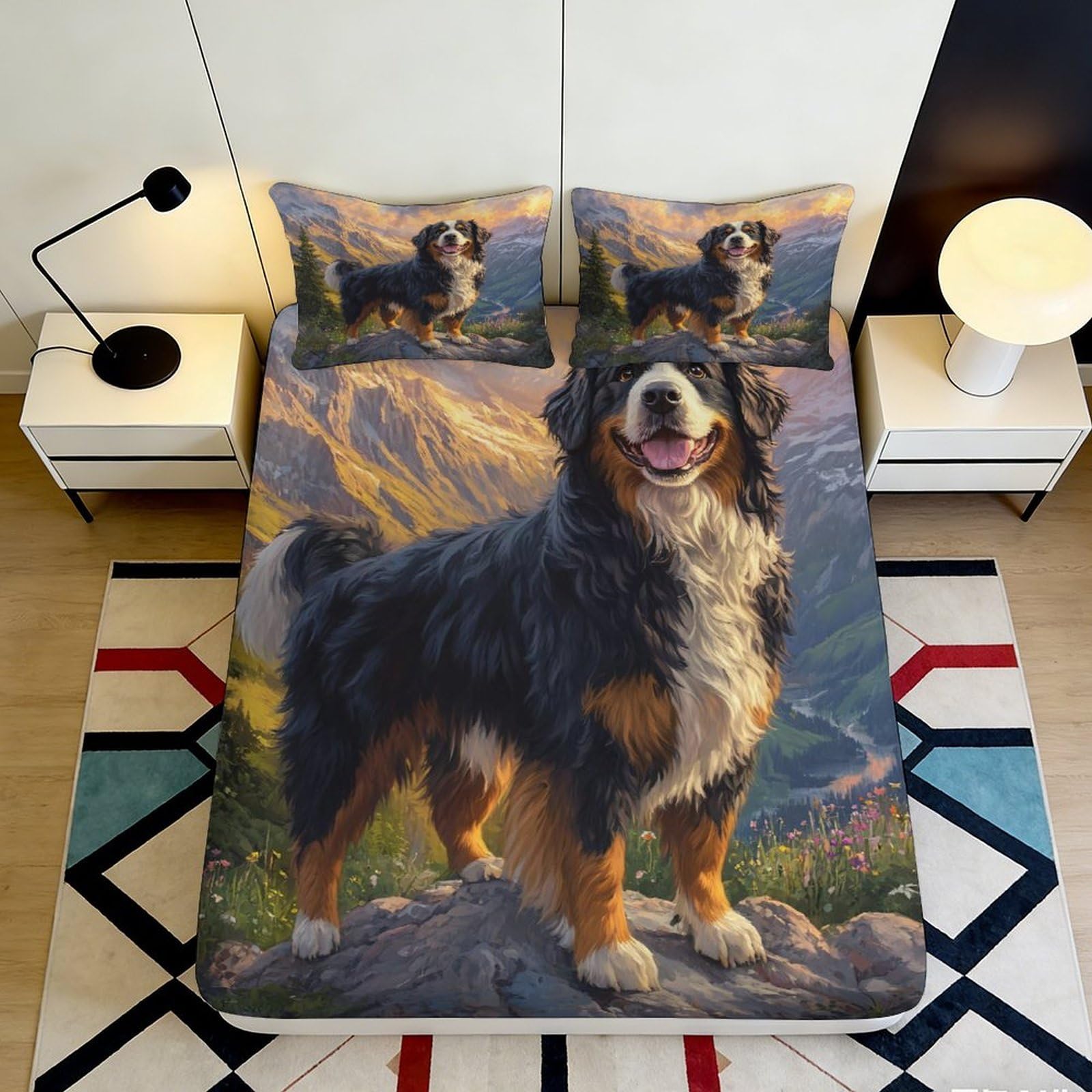 3D Printed Bernese Mountain Dog Fitted Sheet Microfiber Soft Washable Mountain Landscape Mattress Cover for Bedroom Decor 90x200x25cm