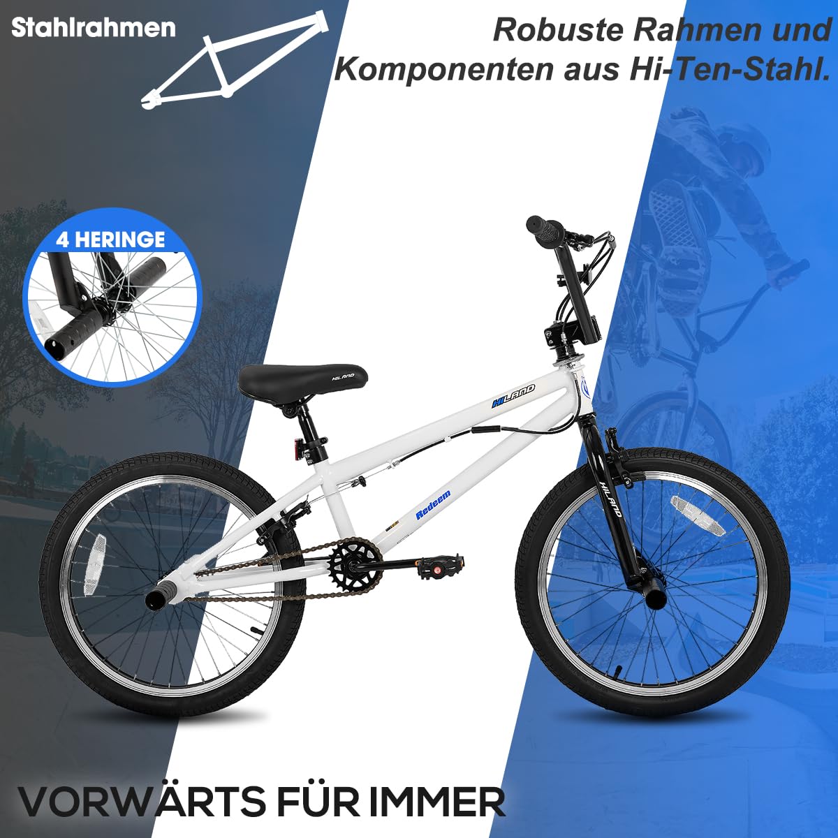Hiland BMX Freestyle 20 Pollici per Bambino e Bambina con Sistema Rotore 360°, Bicicletta BMX con 4 Pioli in Acciaio e Ruota Libera, Bianco/Rosso/Verde/Nero