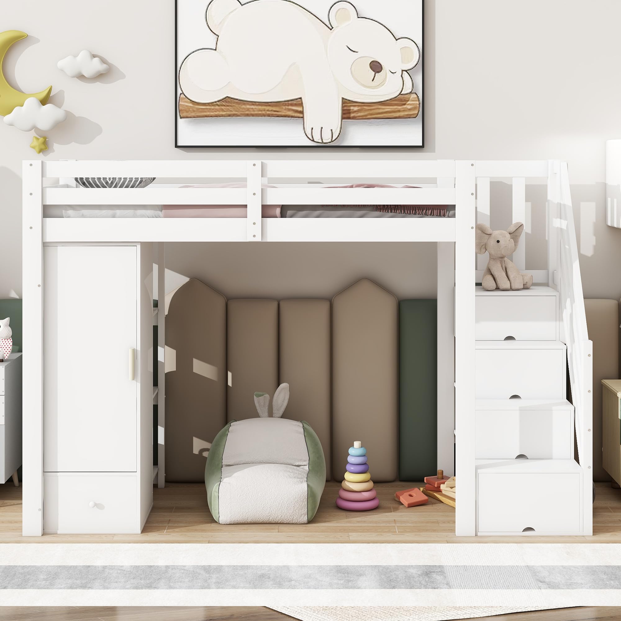 Cama alta para niños, 90 x 200 cm, sin colchón, barandilla individual, escalera plegable, cajones, armario, varios estantes, espacio libre combinable según sea necesario