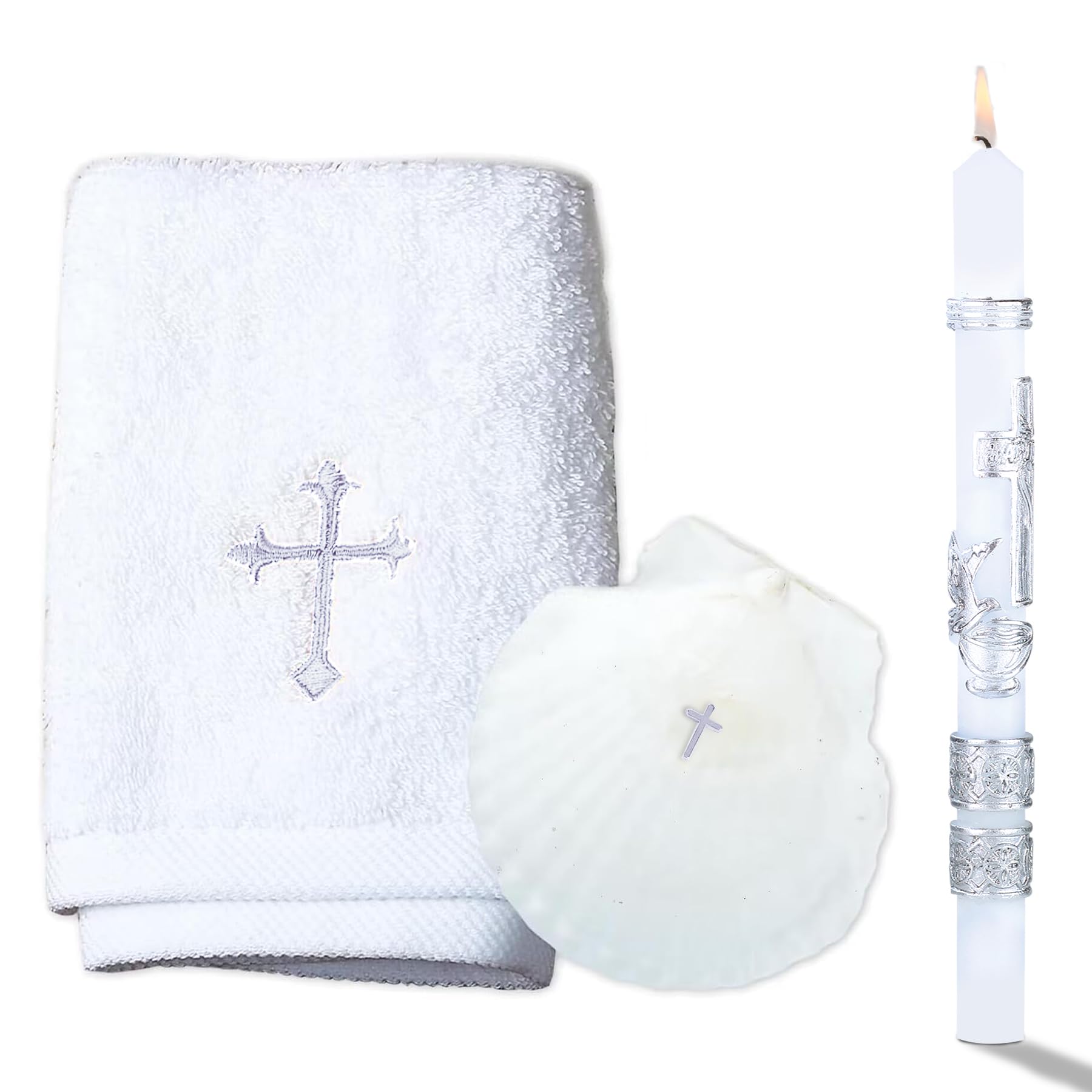 Baptism Candle Set for Boys and Girls - Baptism Kit Include Towel, Shell and Baptismal Candle, Velas para bautizo Christening Set Velas para bautizo de niño for Infants Kids