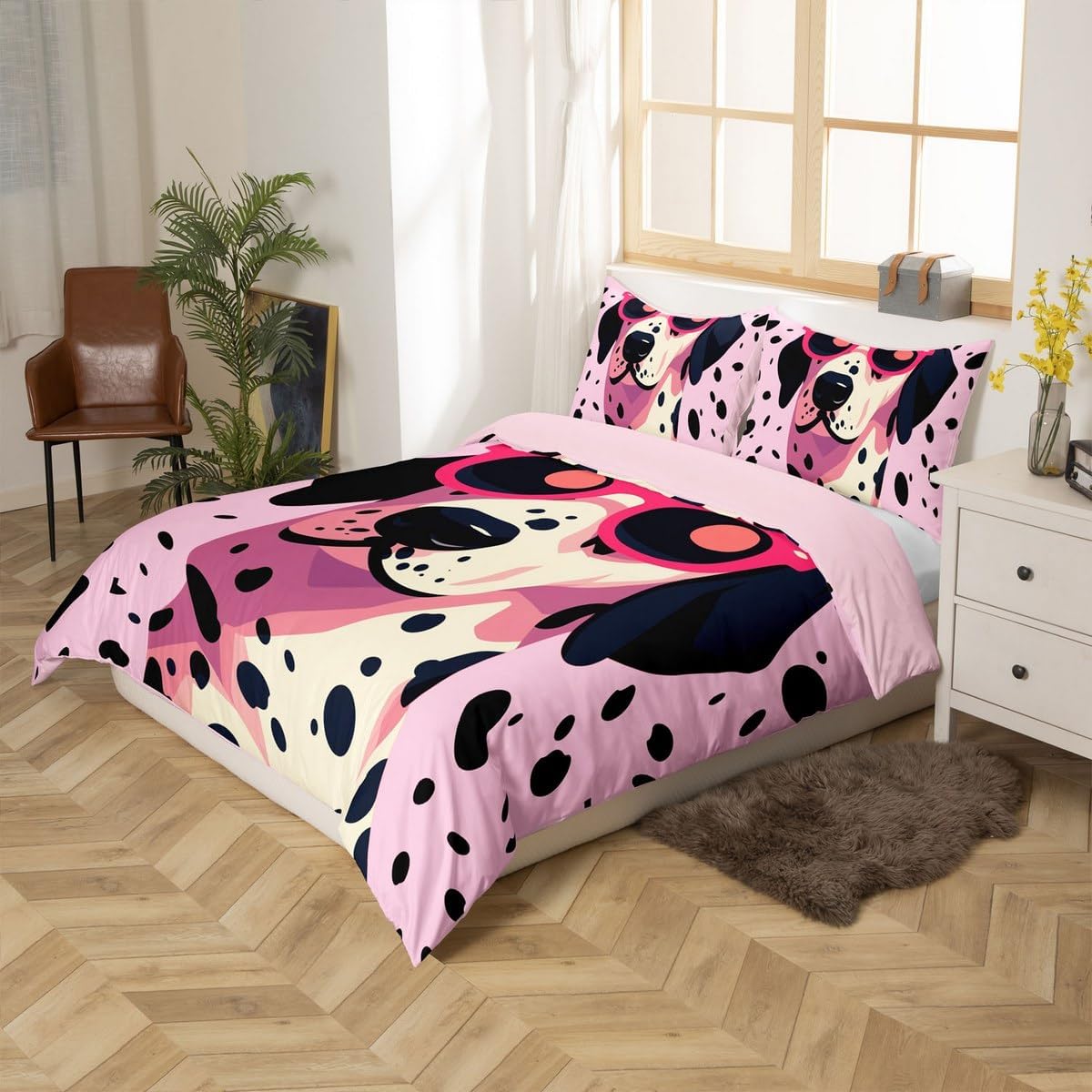 Erosebridal Pink Cartoon Dog Bedding Set Toddler,Dalmatian Dog Comforter Cover Cute Animal Duvet Cover Black White Spotted Puppy Bedspread Cover for Kids Boys Girls Room Decor