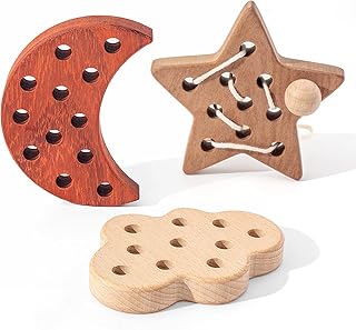 FlameFlash Montessori Wooden Lacing Threading Toys, Moon/Stars/Cloud Lacing Toys for Toddlers, Threading Activity Toddler Travel Toy, Fine Motor Skills Toys for 2 3 4 Year Old (Natural Wood)