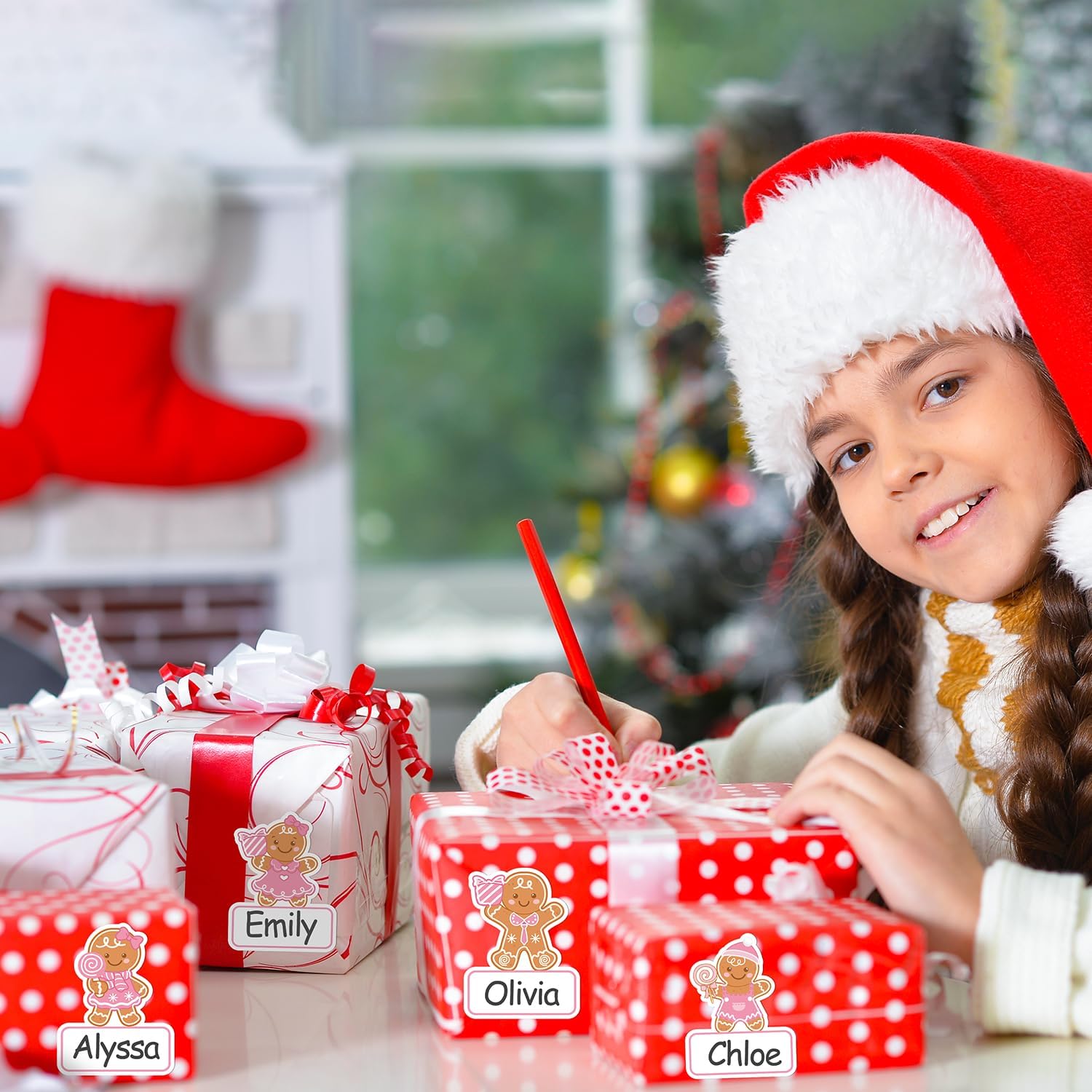 Christmas Name Tags Sticker Set - 210Pcs Merry Christmas Pink Vintage Self-Adhesive Labels Bulk, 15 Designs Winter Holiday Xmas Paper Gift Name Tags for Envelope Gifts Bag Box (Gingerbread Man) - Image 7