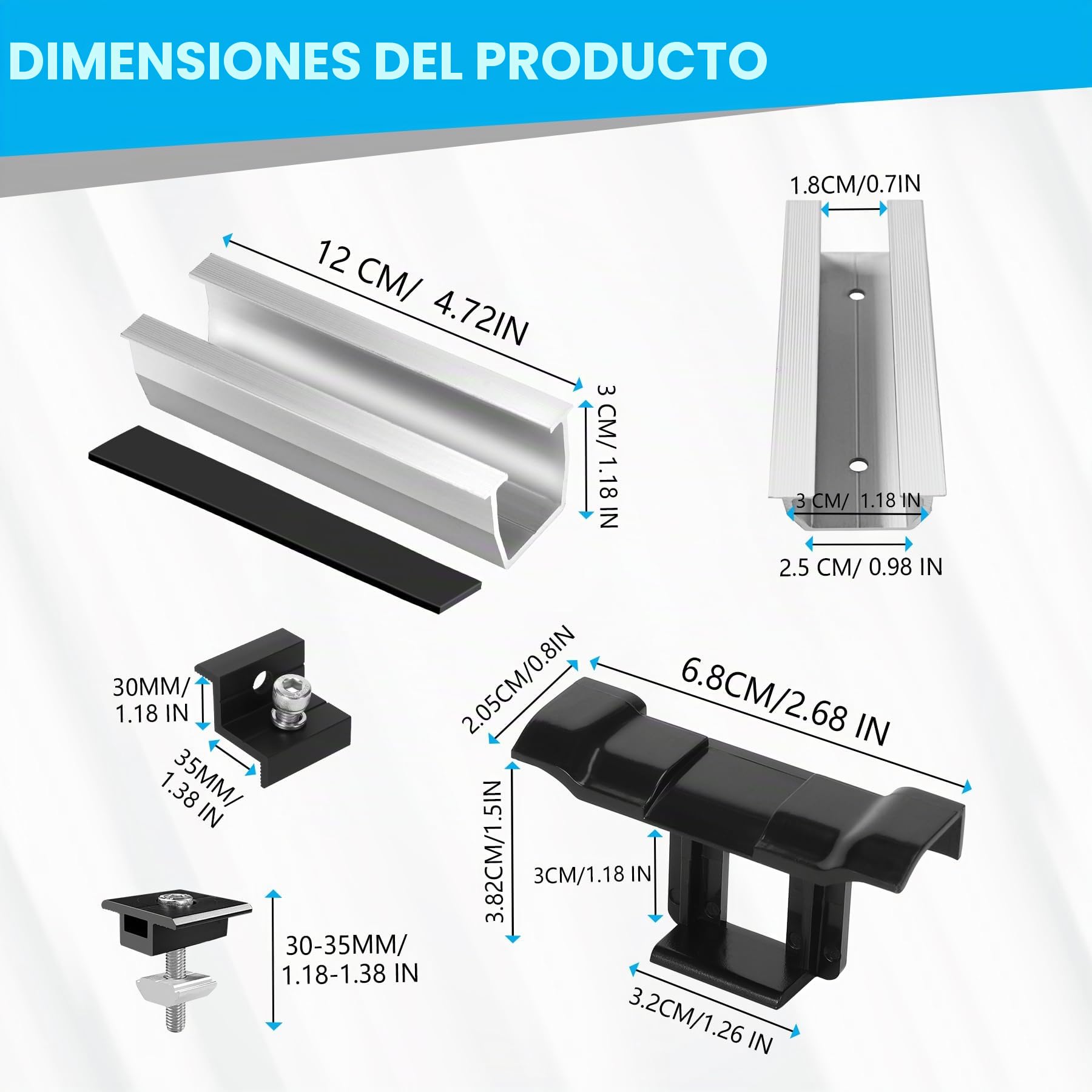 Kit de Montaje para Módulos Solares, Soporte Fotovoltaico para 4 Módulos, Riel Plateado de 12CM + Clips de Drenaje de Agua 30 mm + Abrazadera Ajustable para Módulos de 30-35MM de Grosor