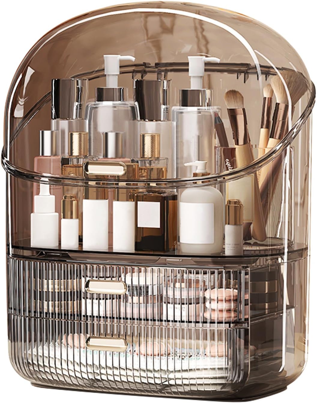 DASITON Makeup Organizer for Vanity,Large Capacity Cosmetic Organizer for Countertop,3 Layers Makeup Storage Organizer,Waterproof & Dustproof Cosmetic Display Case for Bathroom,Dresser,Bedroom(Coffee)