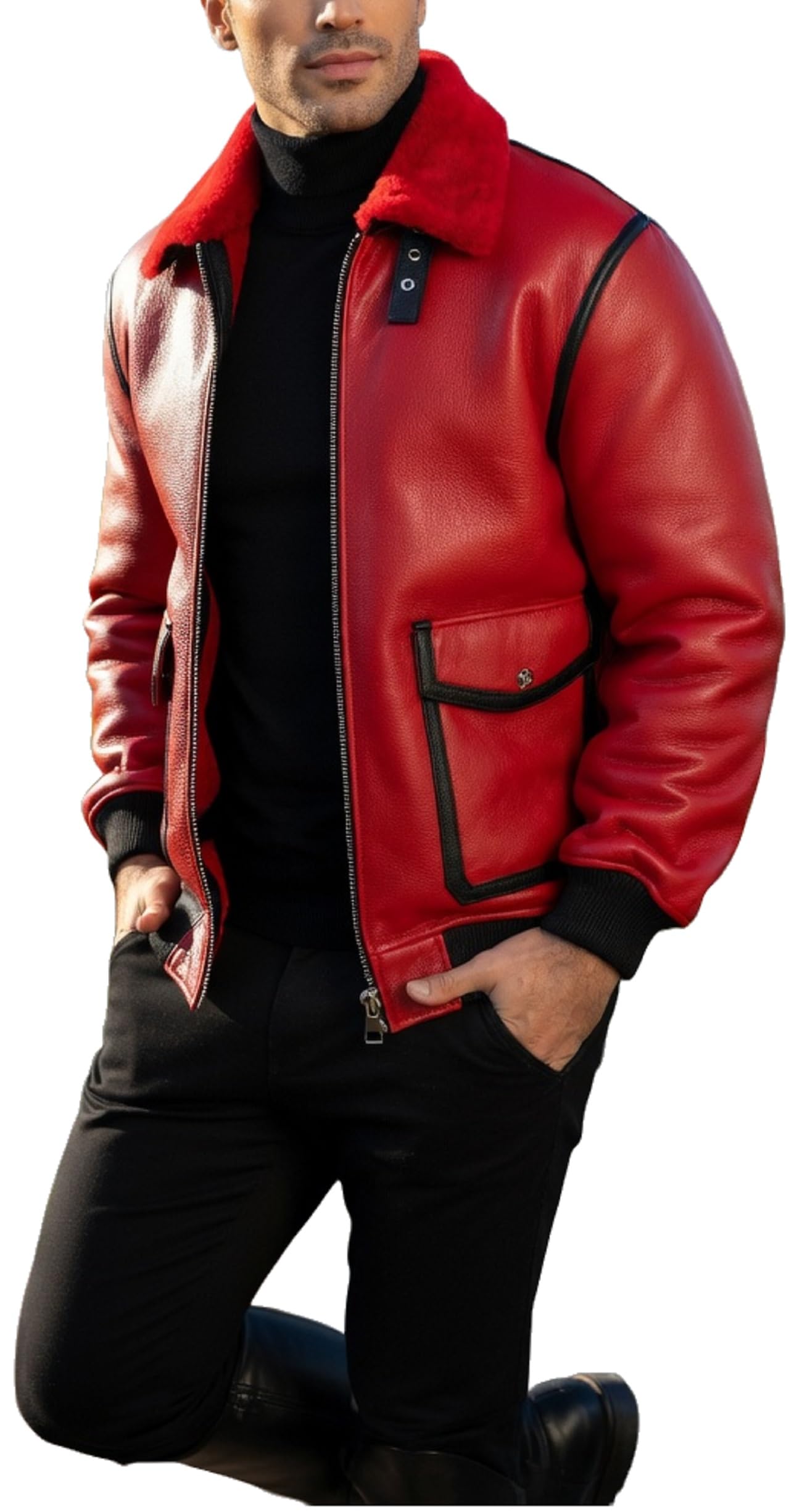 Chaqueta bomber de aviador de cuero rojo para hombre, cuello de piel sintética de oveja estilo B3