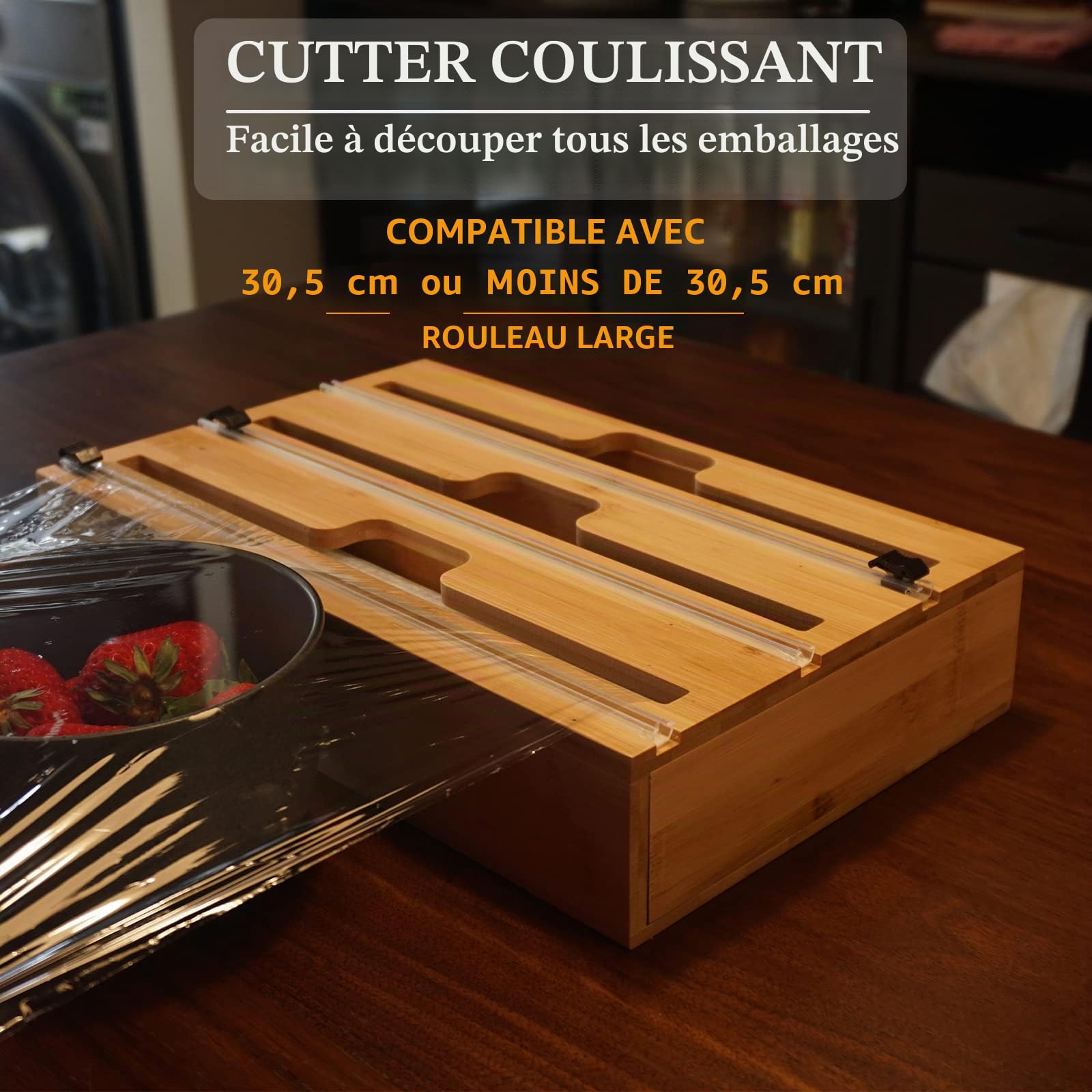 Distributeur Papier Aluminium et Film Coupe-Capsule pour Tiroir de Cuisine, Compatible avec Rouleaux de 12", Organisateur d'emballage de Cuisine en Bambou, Durable et Respectueux de l'environnement