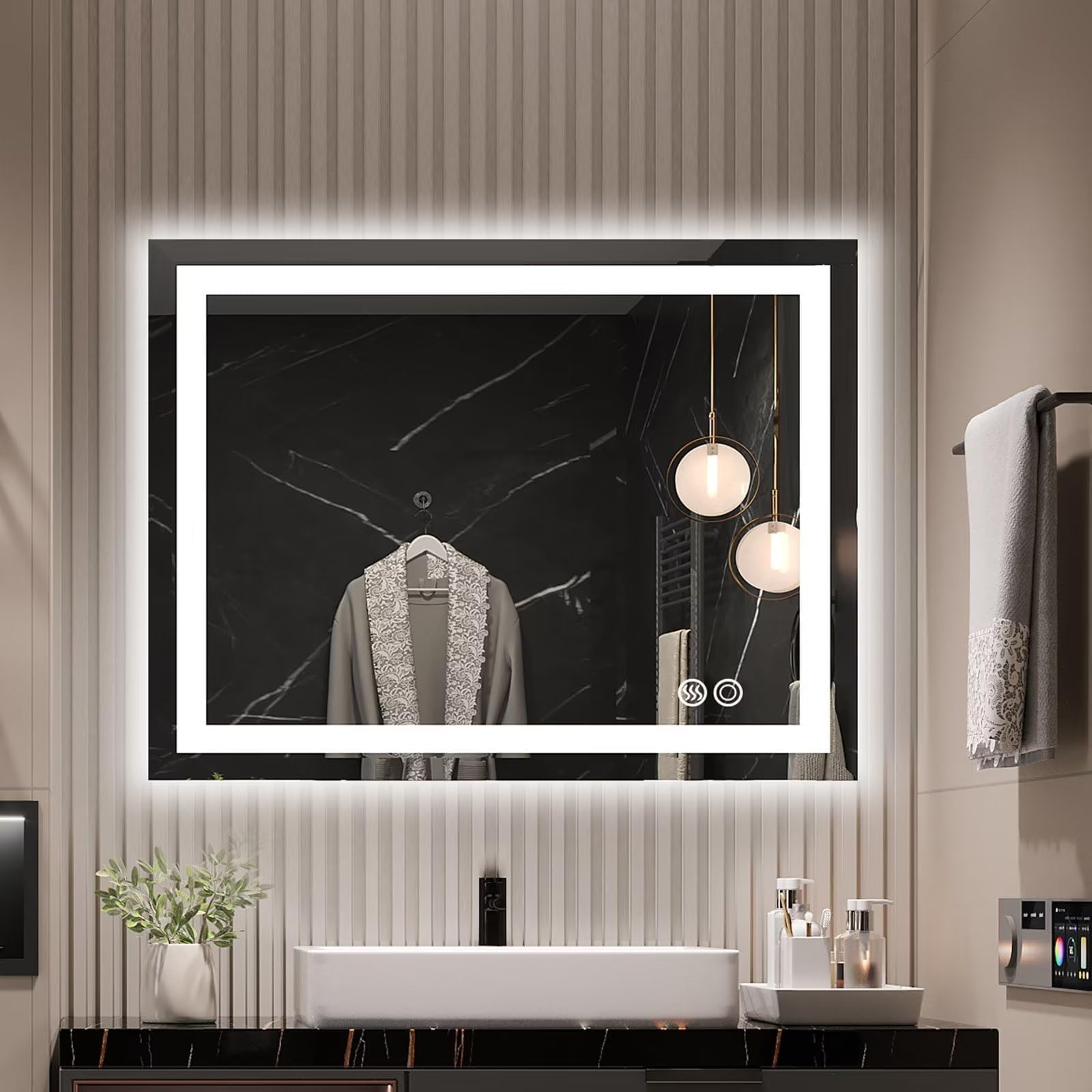 Moonee 40x32 Inch LED Bathroom Mirror with Lights, Frontlit & Backlit Wall Vanity Mirror with 3 Colors Dimmable Anti Fog Bathroom Mirrors, with HD Tempered Glass, Water Proof,Decor Vanity Mirror