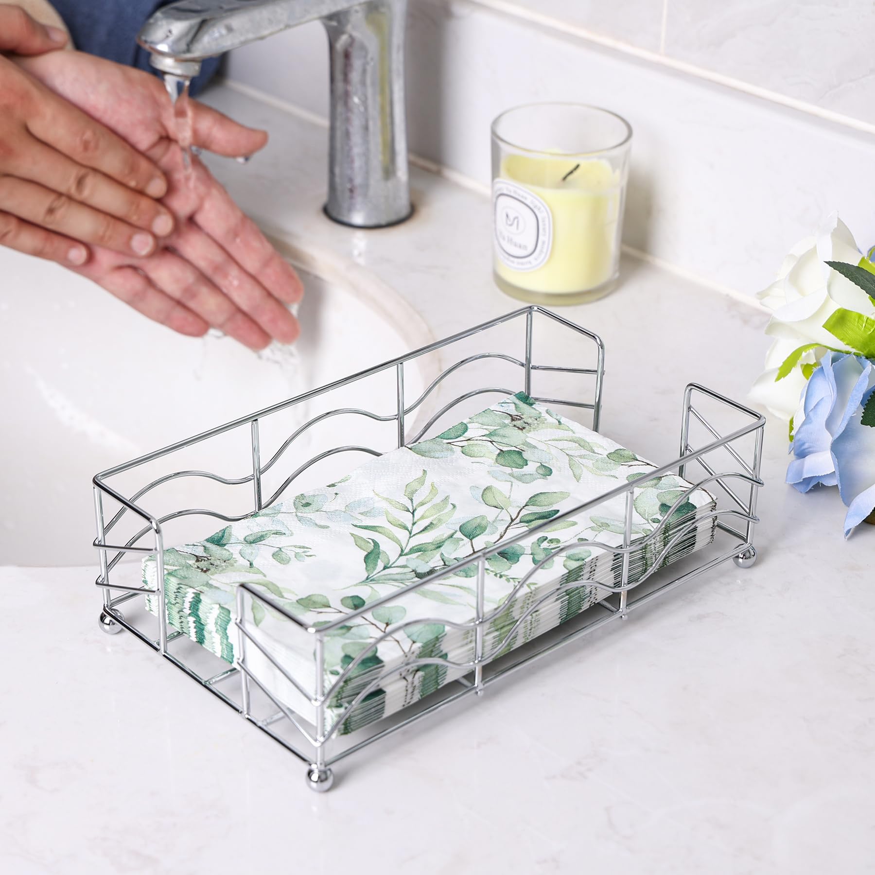 Badezimmer-Serviettenhalter, moderner Edelstahl, flach, Gästehandtuch-Serviettenhalter, rechteckig, Metall, Einweg-Serviettenhalter für Badezimmer, Abendessen und Küchentisch, Silber