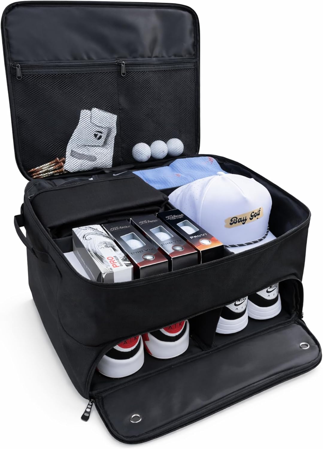 Bay Golf BG1 Golf Trunk Organizer – Water-Resistant 2-Level Golf Gear Storage for Car or SUV, Fits 2 Pairs of Shoes, Ventilated Compartments, Durable Design