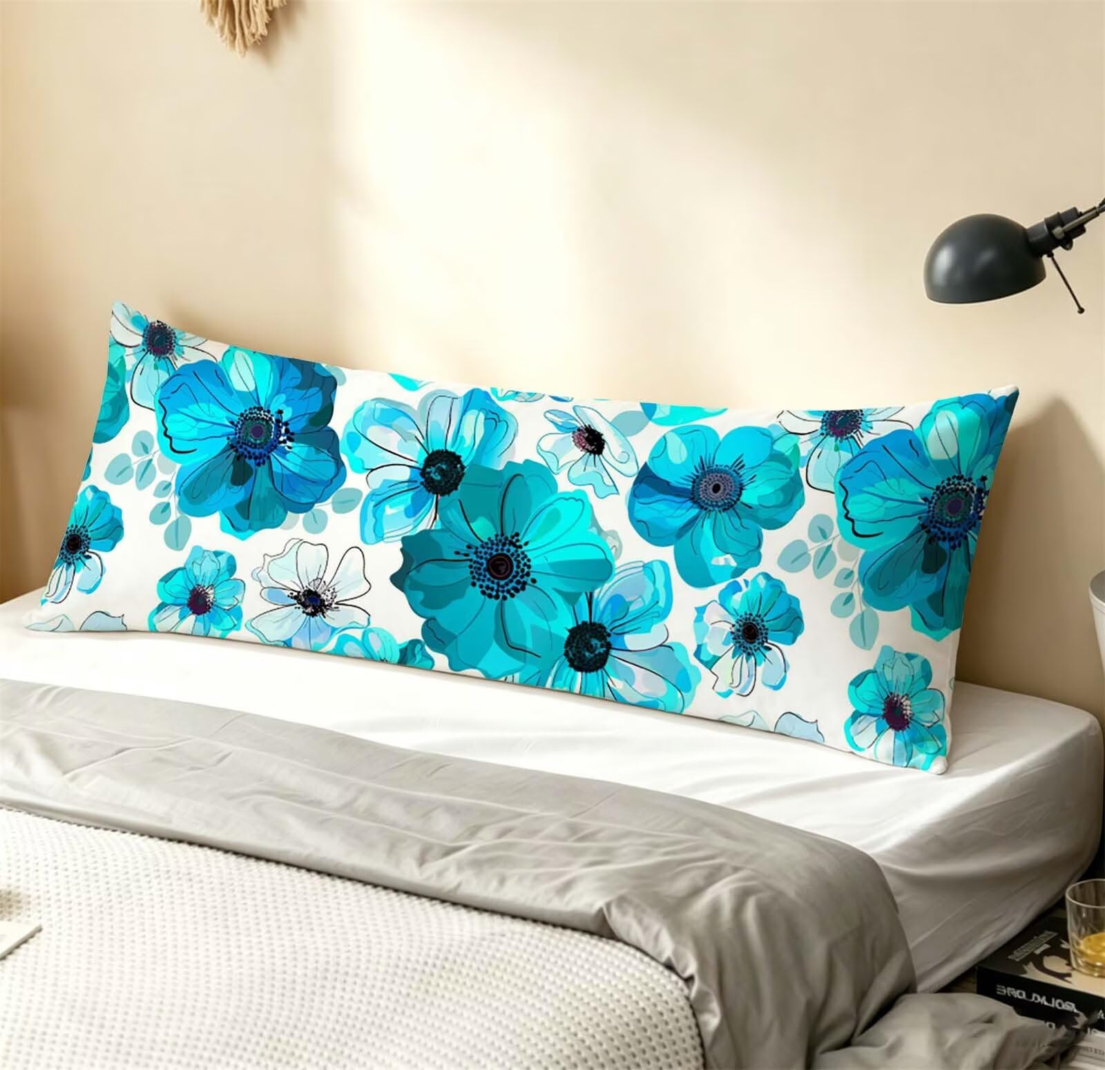Fodera Cuscino 55 x 160 cm, Blu-11 Velluto Copricuscini Letto, | con Invisibile Cerniera, Morbida e Traspirante, per biancheria da letto, divano, hotel, chi dorme sul fianco Fiore-2 j-333