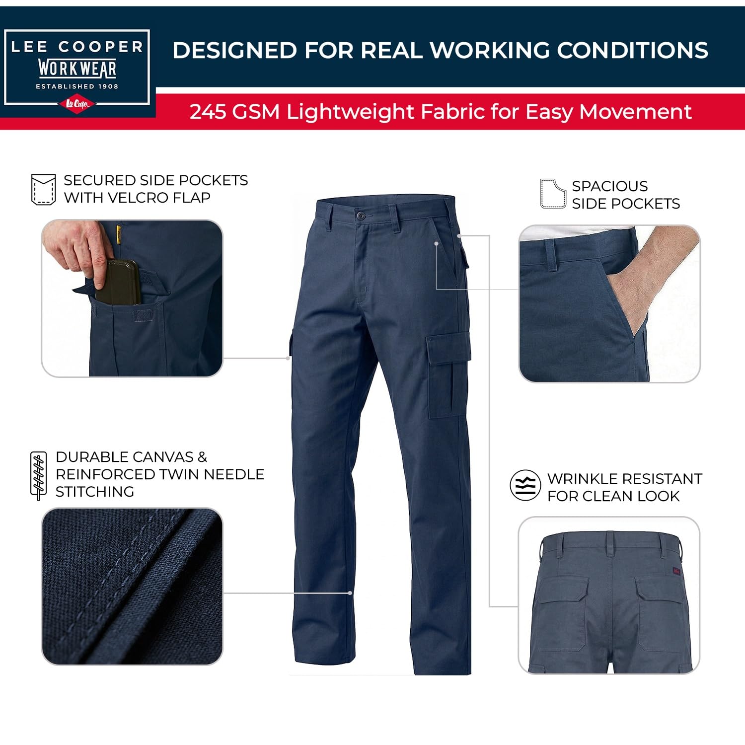 Lee Cooper Męskie klasyczne spodnie robocze cargo z wieloma kieszeniami łatwe w pielęgnacji spodnie ochronne