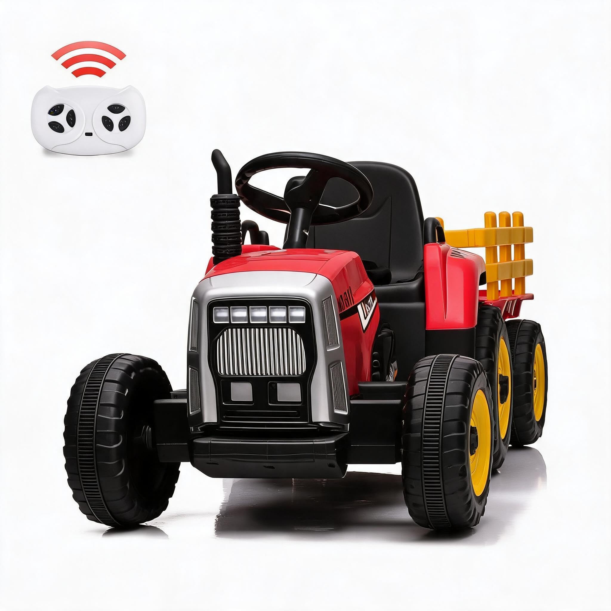 12V Kinder Elektrotraktor mit Anhänger, LED-Scheinwerfer, 2,4G-Fernbedienung, Musik, MP3, USB – Elektroauto ab 3 Jahren – Abnehmbarer Anhänger – Rot