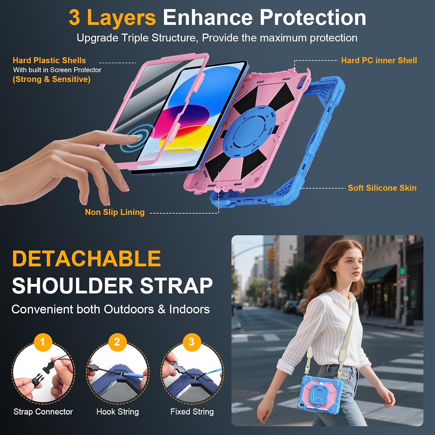 Case for iPad A16 11th Generation 11 Inch 2025, Auorld for iPad 10th Generation 10.9 inch 2022 case with Screen Protector, 360 Degree Rotating Stand Shoulder Strap Pencil Holder, Blue Pink