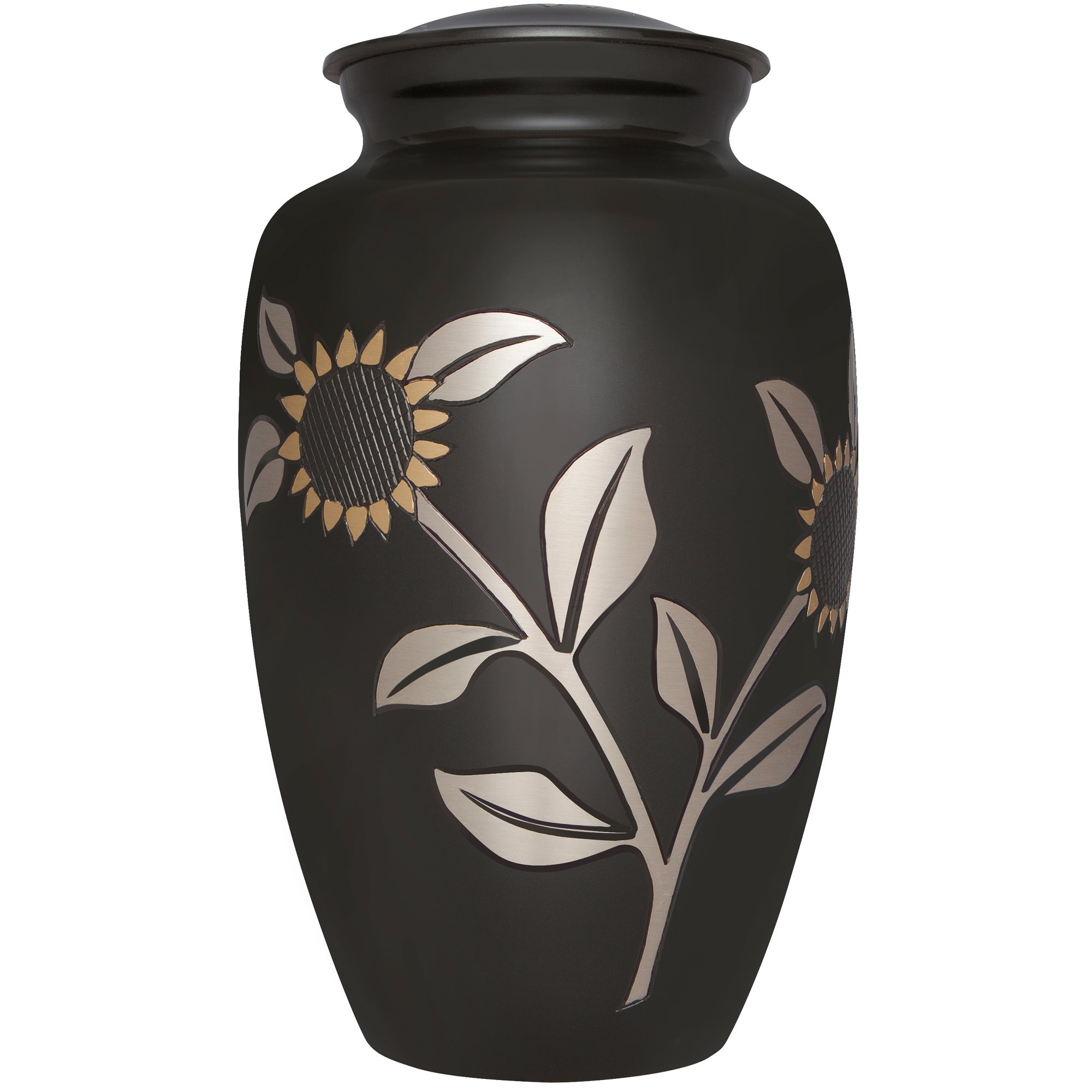 Liliane MemorialsSunflower Funeral Cremation Urn for Human Ashes by - Brass - Suitable for Cemetery Burial or Niche - Large for Remains of Adults up to 200 lbs - Miraflores Black and Gold Rose