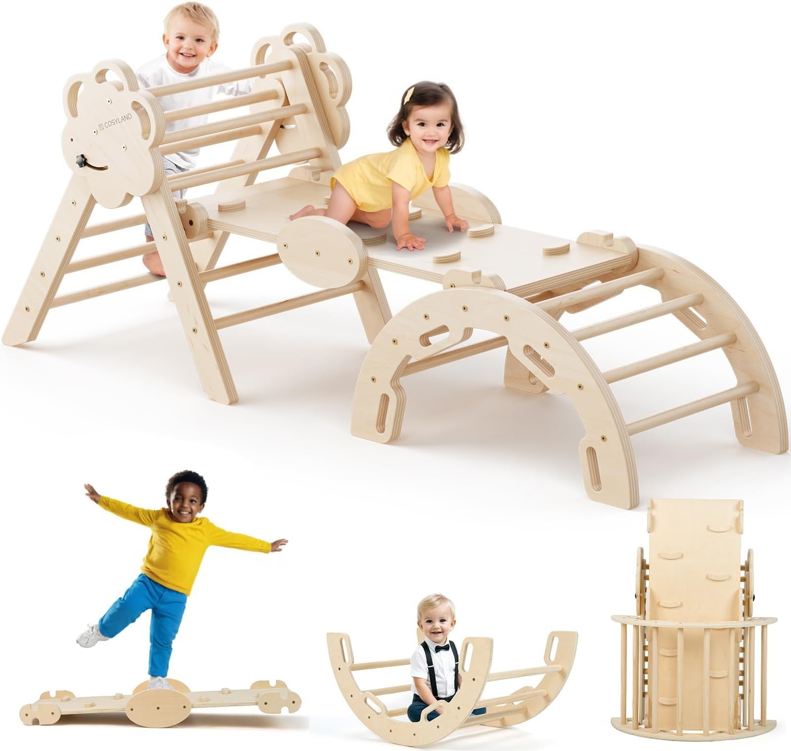 COSYLAND Pikler Triangle Set - 8 in 1 Large Montessori Climbing Toys for Indoor - Wooden Foldable Jungle Gym for Toddler & Baby, CPC/SOR/CE Certified Enjoys Unique Patented Design, Natural