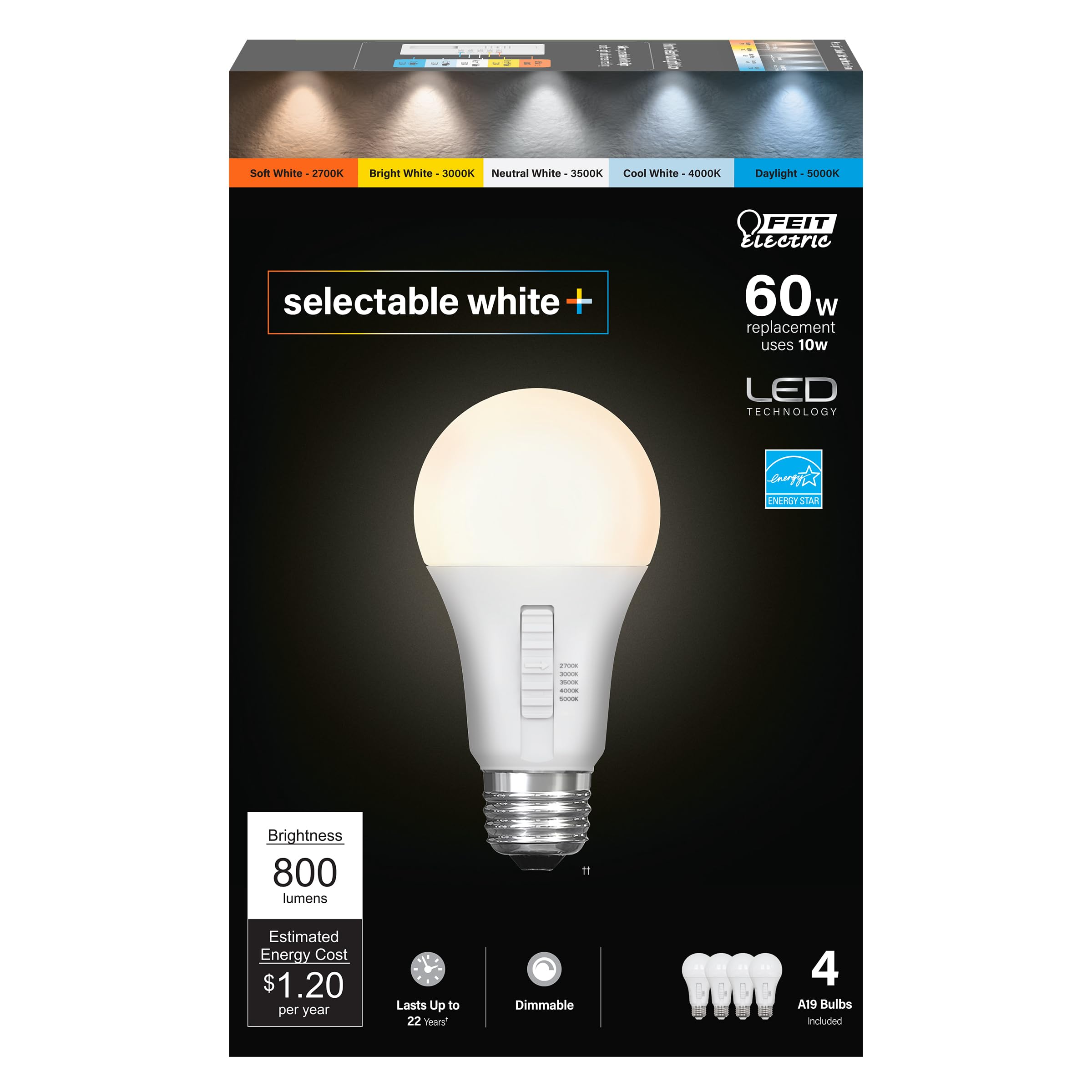 Feit Electric A19 LED Light Bulb, 60W Equivalent, 5CCT, Dimmable, E26 Medium Base, 90 CRI, 800 Lumens, Adjustable White, 22 Years Lifetime, 4 Pack, OM60DM/5CCT/4