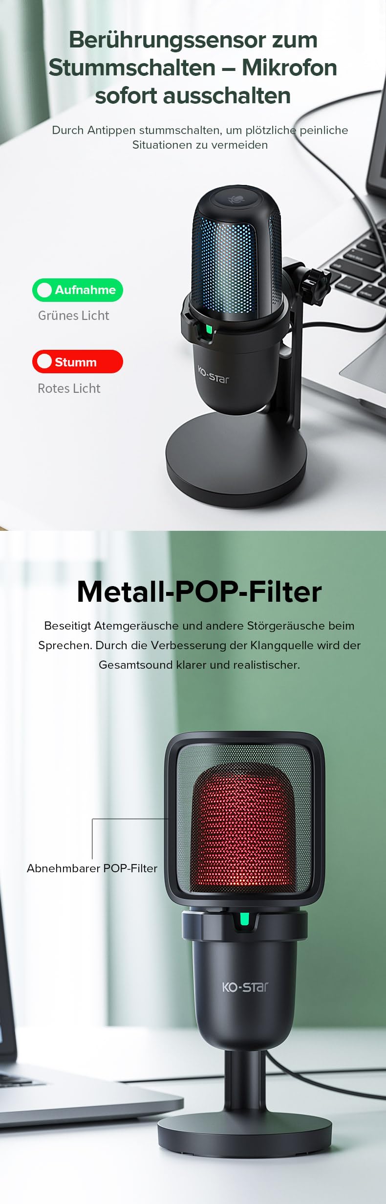 KO-Star M-630S USB Gaming Mikrofon RGB – Nierencharakteristik, Touch-Stummschaltung, Plug & Play, Metall-Pop-Filter, Verstellbarer Winkel, 2 m Kabel, USB-C/USB-A