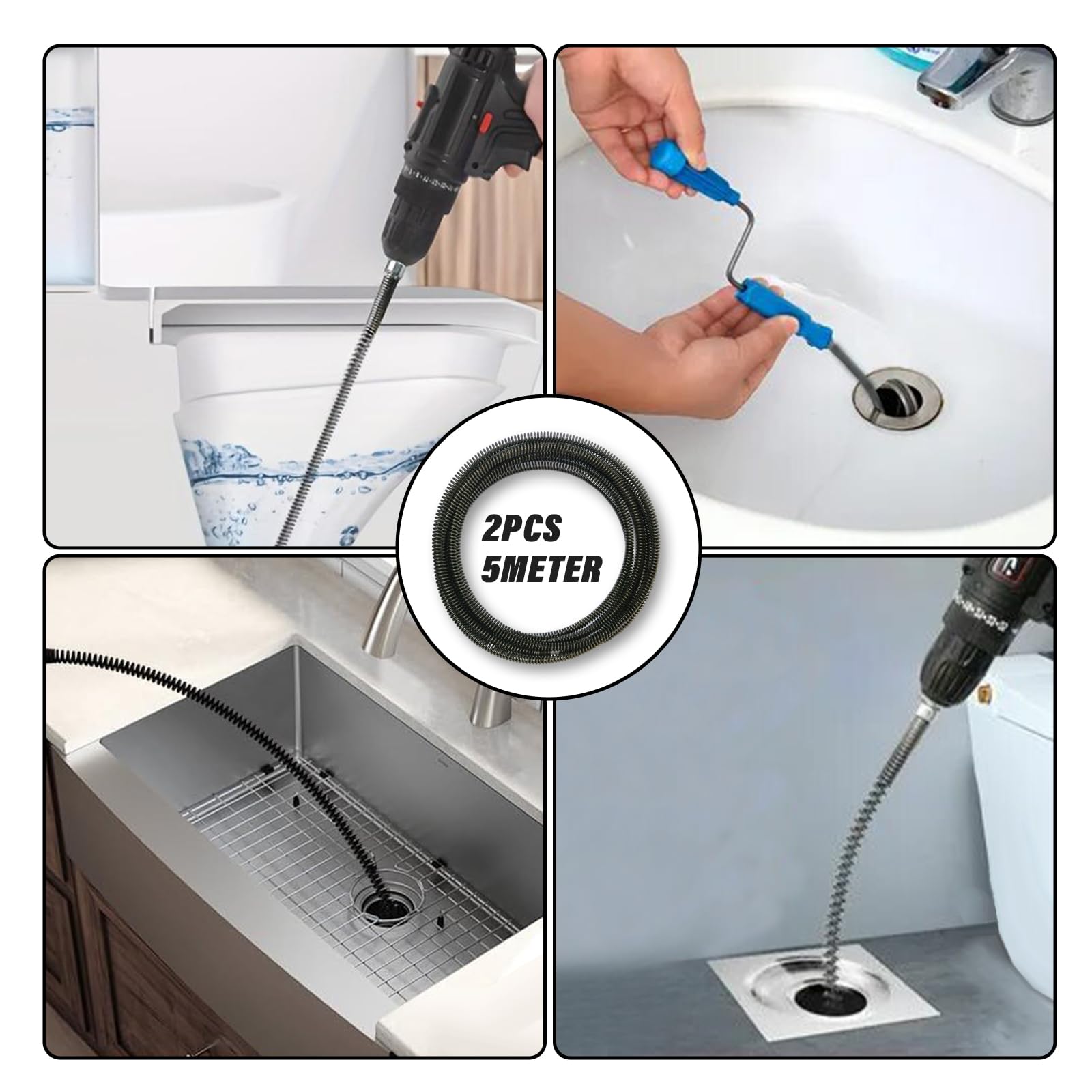 2Pcs Abflussreiniger Spirale Ø 12mm x 10m, WC Rohrreinigungsspirale mit Elektrischen/Manuellen Adaptern, 6 Abflussreiniger Schneidkopf, Multifunktionale Rohrreinigungswelle für Küche