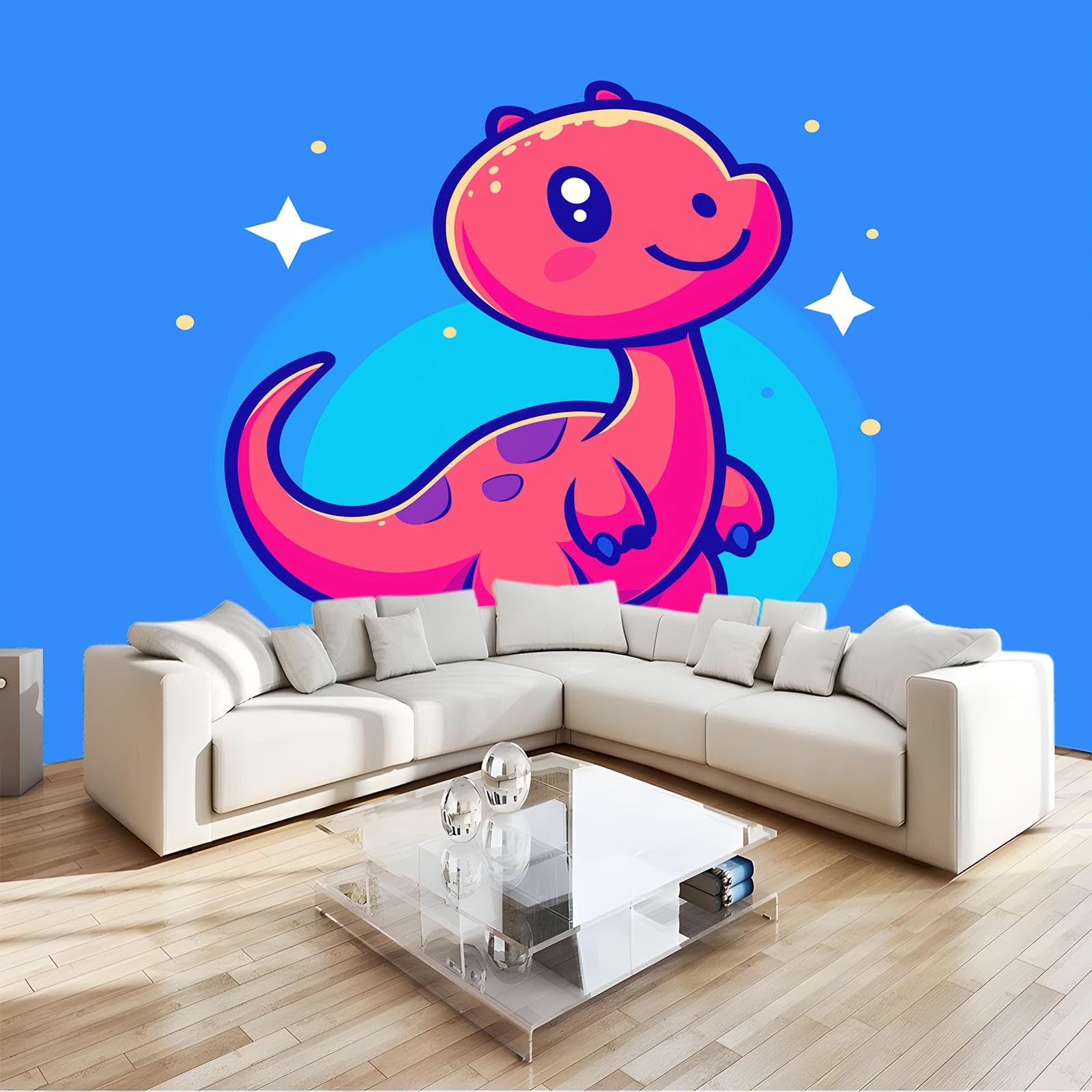 Tapeta ścienna z motywem dinozaurów, gwiazd i księżyca, niebieska tapeta, tapeta ścienna, 400 x 280 cm (szer. x wys.), dekoracja ścienna, tapeta dekoracyjna, tapeta do salonu, sypialni, biura