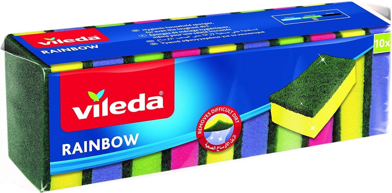 Vileda Rainbow Medium Foam Sponge Scourer, Eco-Friendly, Comfortable Grip, Value Pack 10 Pcs, Multi Colours