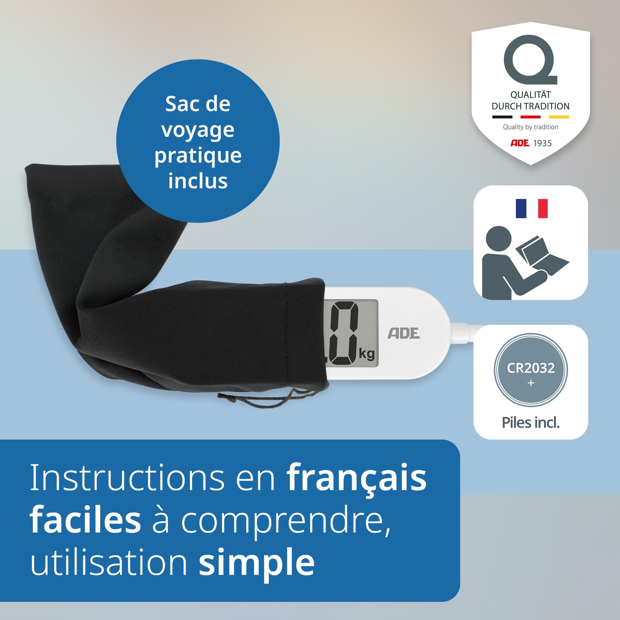 ADE Balance de voyage pliable | pèse-personne numérique avec une capacité de charge de 180 kg par pas de 100 g | balance corporelle précise avec écran LCD