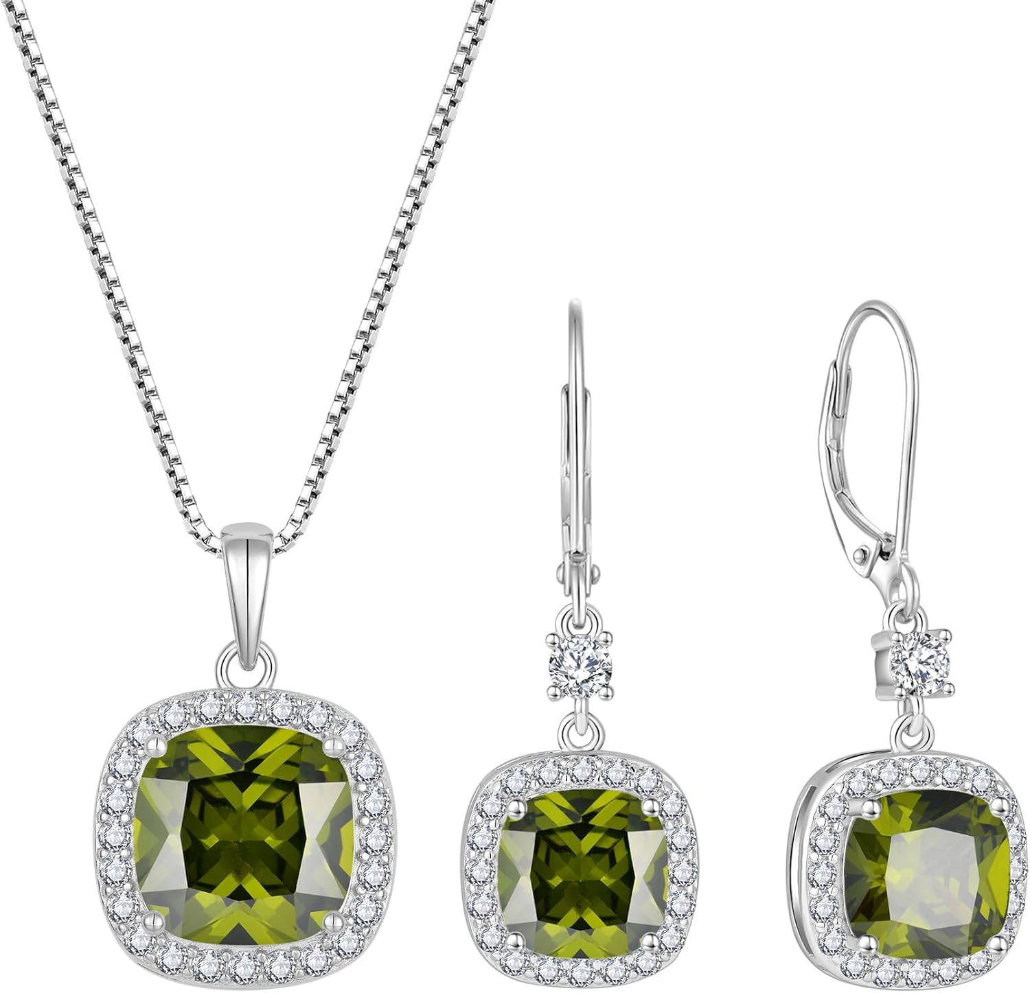 Princess Cut Jewelry Set for Women 925 Sterling Silver Peridot August Birthstone Necklace Halo Dangle Drop Leverback Earrings Jewelry for Mom Wife