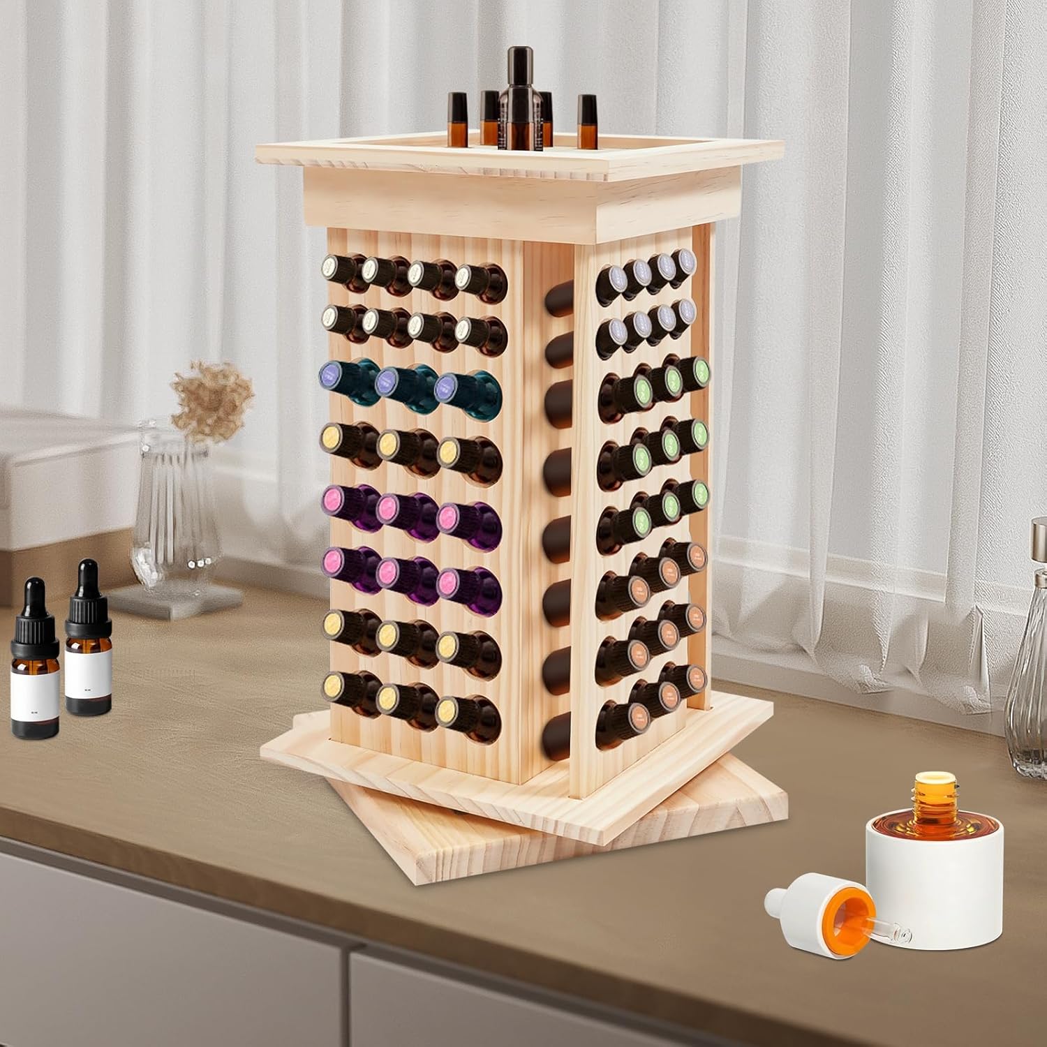 125 Slots Essential Oil Storage Shelf Wood Rotating Essential Oil Bottle Display Rack Wooden Farmhouse Style Essential Oil Stand Holder with Base for Aromatherapy Bottles Organization, Wood Color